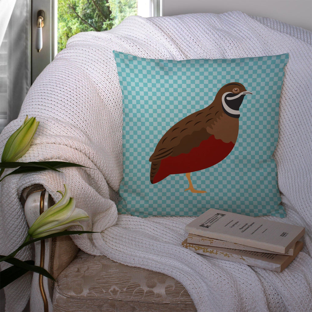 Chinese Painted or King Quail Blue Check Decorative Throw Pillow 14x14 Indoor Outdoor Accent Cushion, Fabric Cover with Insert for Sofa, Bed, Porch & Living Room