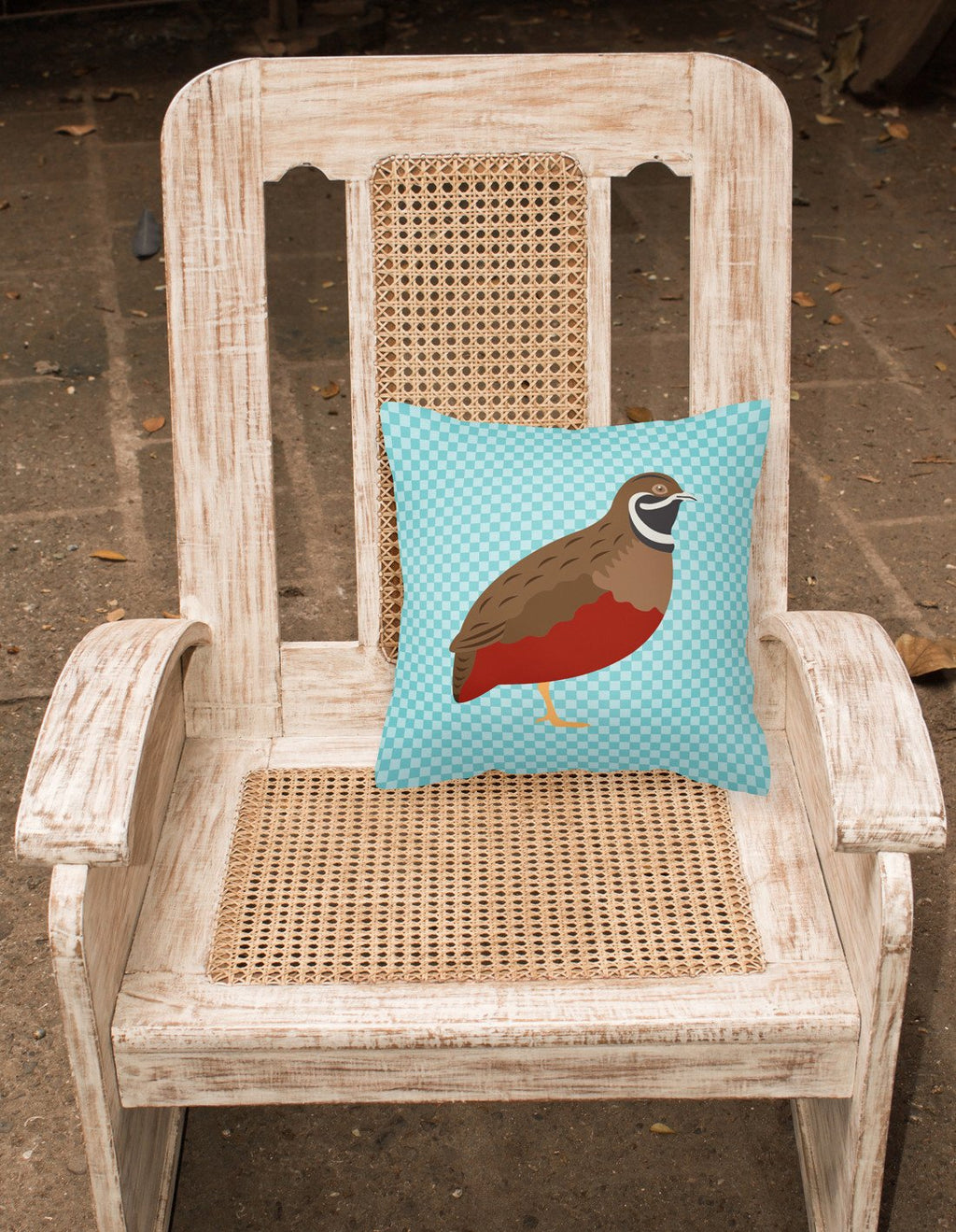 Chinese Painted or King Quail Blue Check Decorative Throw Pillow 18x18 Indoor Outdoor Accent Cushion, Fabric Cover with Insert for Sofa, Bed, Porch & Living Room