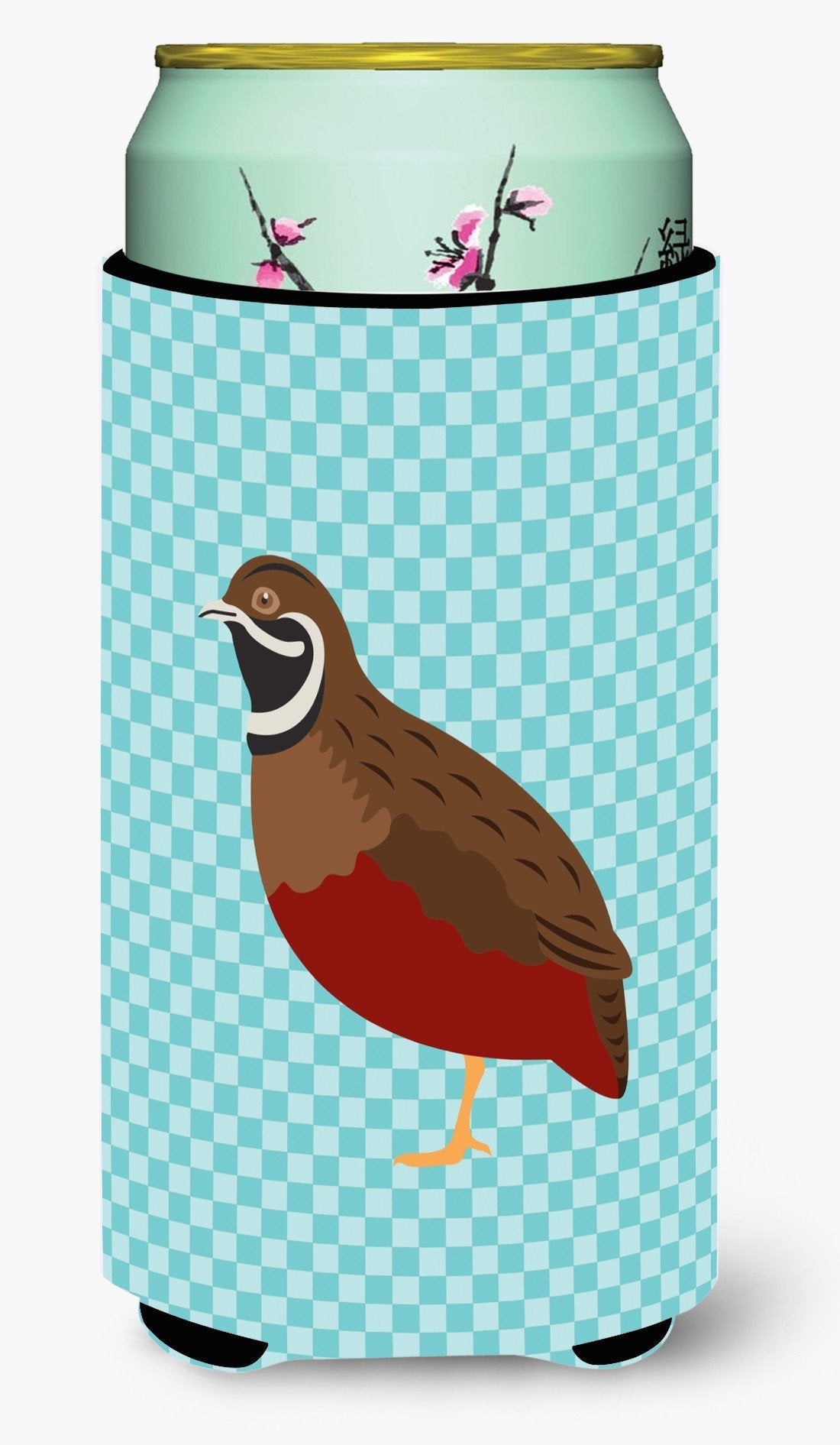 Chinese Painted or King Quail Blue Check Tall Boy Hugger Can Cooler Sleeve Machine Washable Drink Collapsible Insulator Beverage Insulated Holder