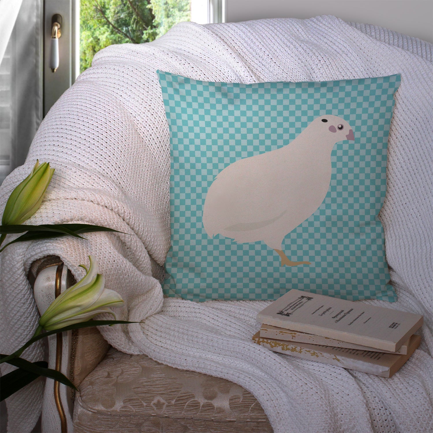 Texas Quail Blue Check Decorative Throw Pillow 14x14 Indoor Outdoor Accent Cushion, Fabric Cover with Insert for Sofa, Bed, Porch & Living Room