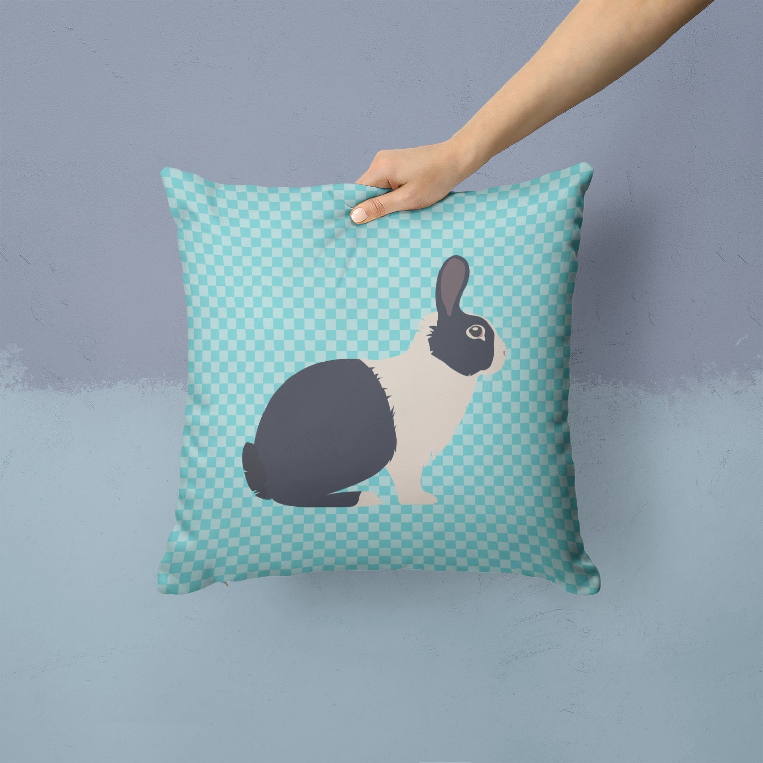 Dutch Rabbit Blue Check Decorative Throw Pillow 14x14 Indoor Outdoor Accent Cushion, Fabric Cover with Insert for Sofa, Bed, Porch & Living Room