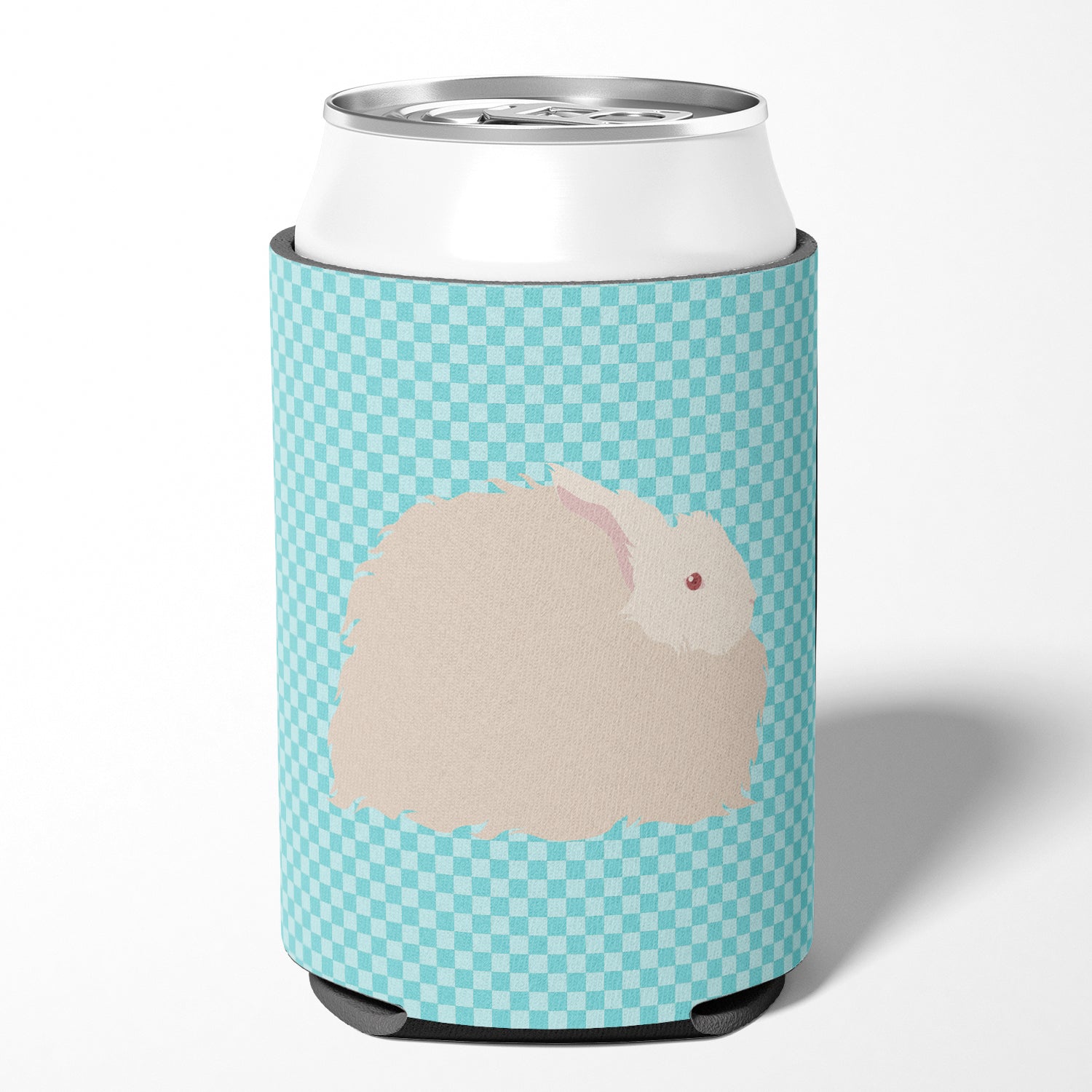 Fluffy Angora Rabbit Blue Check Can or Bottle Hugger Cooler Sleeve for Standard 12 oz Cans, Insulated Foam Beer & Soda Can Hugger Reusable