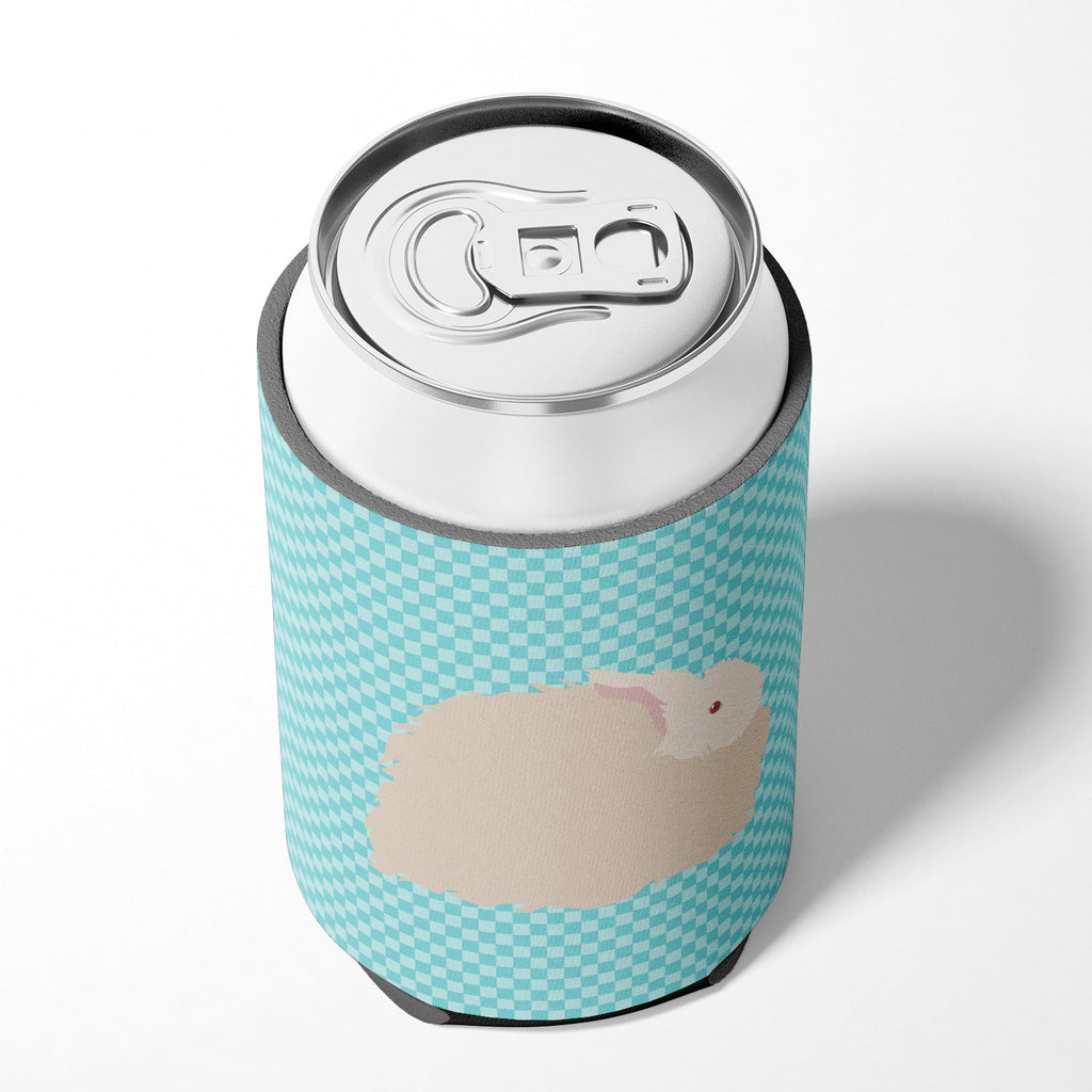 Fluffy Angora Rabbit Blue Check Can or Bottle Hugger Cooler Sleeve for Standard 12 oz Cans, Insulated Foam Beer & Soda Can Hugger Reusable