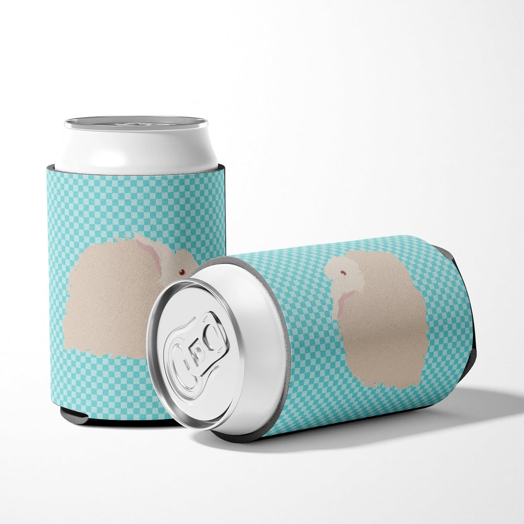 Fluffy Angora Rabbit Blue Check Can or Bottle Hugger Cooler Sleeve for Standard 12 oz Cans, Insulated Foam Beer & Soda Can Hugger Reusable