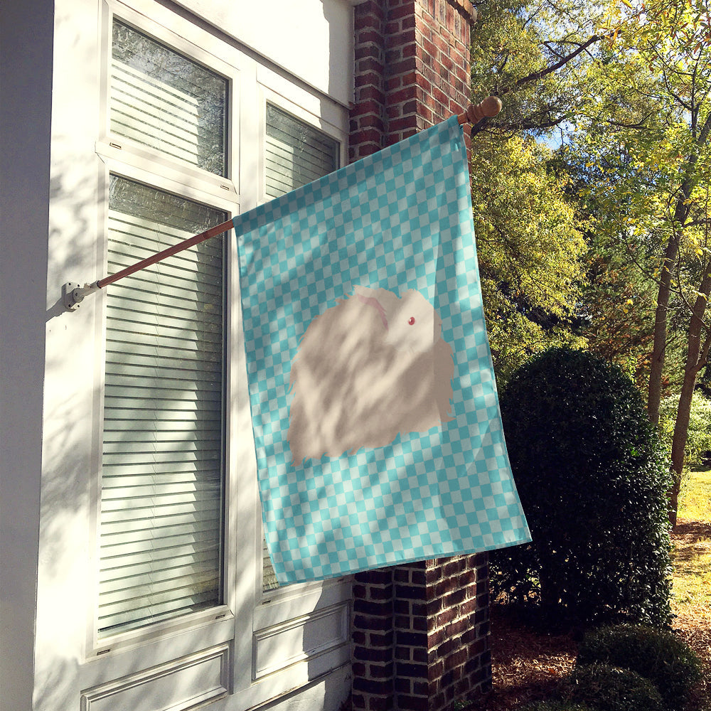 Fluffy Angora Rabbit Blue Check House Flag 28x40 Porch Sleeve Pole Decorative Outside Yard Banner Artwork Wall Hanging, Polyester