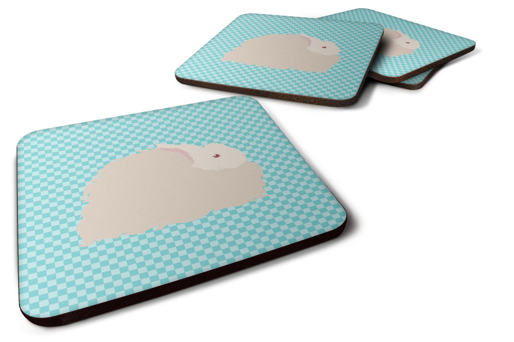 Fluffy Angora Rabbit Blue Check Foam Coasters Set of 4 Cup Coasters for Indoor Outdoor, Tabletop Protection, Anti Slip, Mouse pad Material
