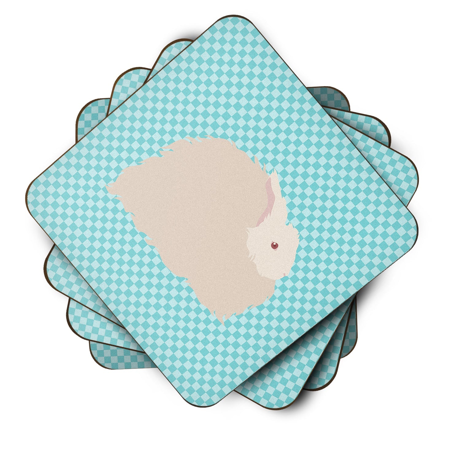 Fluffy Angora Rabbit Blue Check Foam Coasters Set of 4 Cup Coasters for Indoor Outdoor, Tabletop Protection, Anti Slip, Mouse pad Material