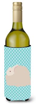 Fluffy Angora Rabbit Blue Check Wine Bottle Hugger Gift Sleeve for Standard 750 ml Bottles, Insulated Reusable Also Fits Mini Shot & Pint Bottles