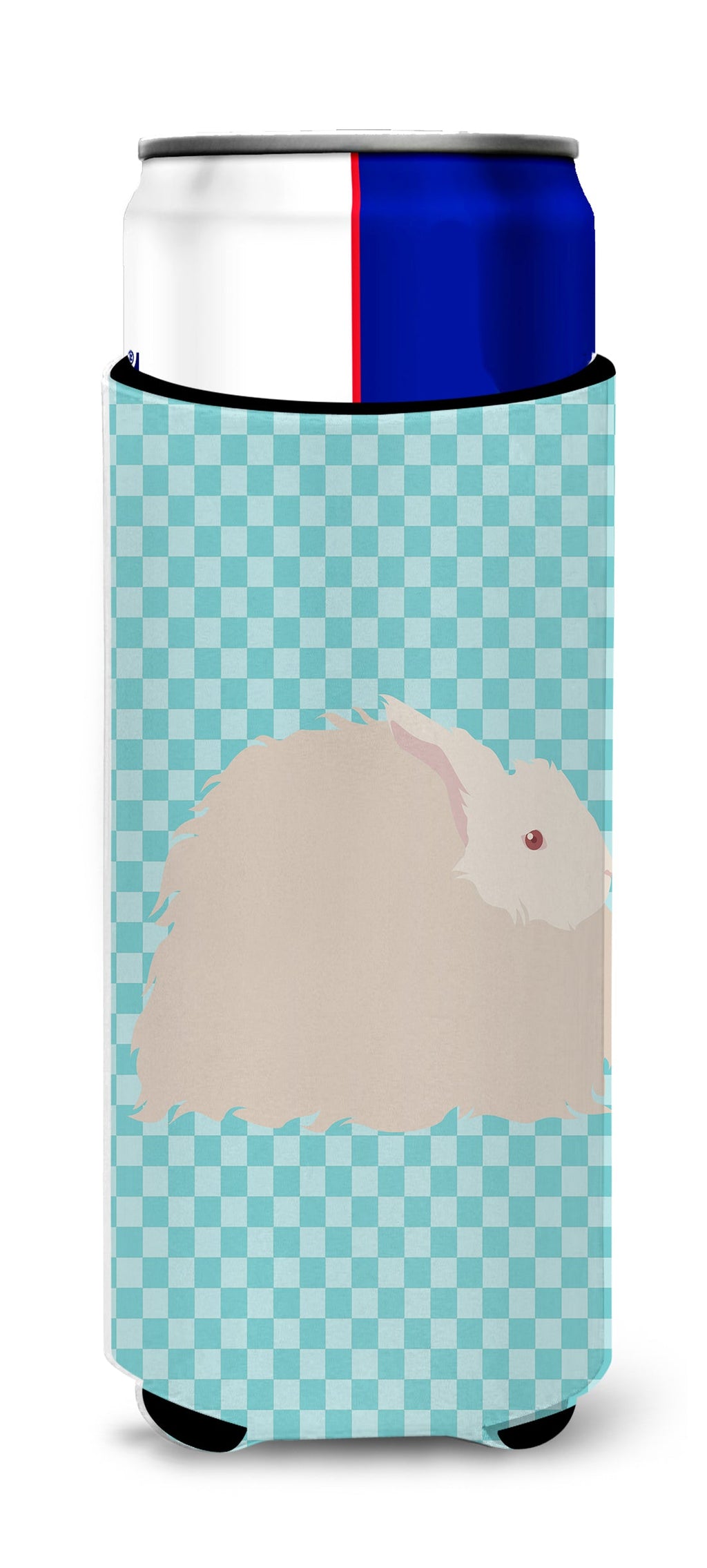 Fluffy Angora Rabbit Blue Check Slim Can Hugger , Insulated Foam Hugger for 12 oz Slim Cans, Beer Bottles & Water Bottles, Printed in USA