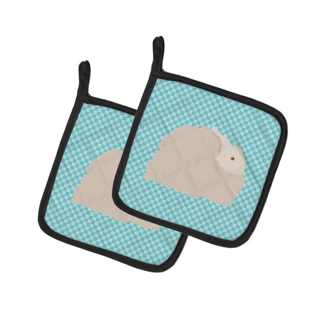 Fluffy Angora Rabbit Blue Check Pot Holder Set of 2 Heat Resistant Quilted Hot Pads 7.5 x 7.5 Inch, Insulated Kitchen Trivets for Cooking & Baking