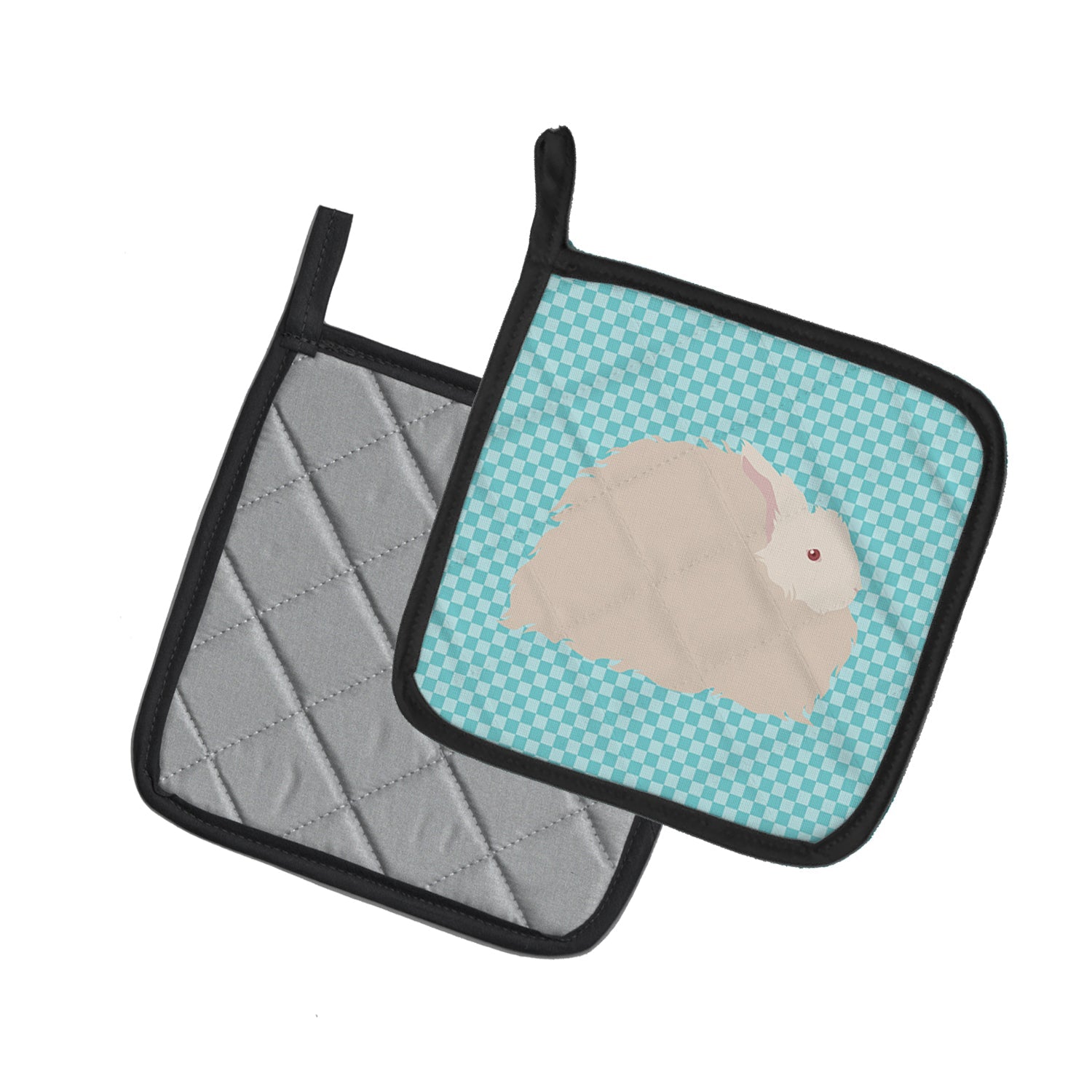 Fluffy Angora Rabbit Blue Check Pot Holder Set of 2 Heat Resistant Quilted Hot Pads 7.5 x 7.5 Inch, Insulated Kitchen Trivets for Cooking & Baking