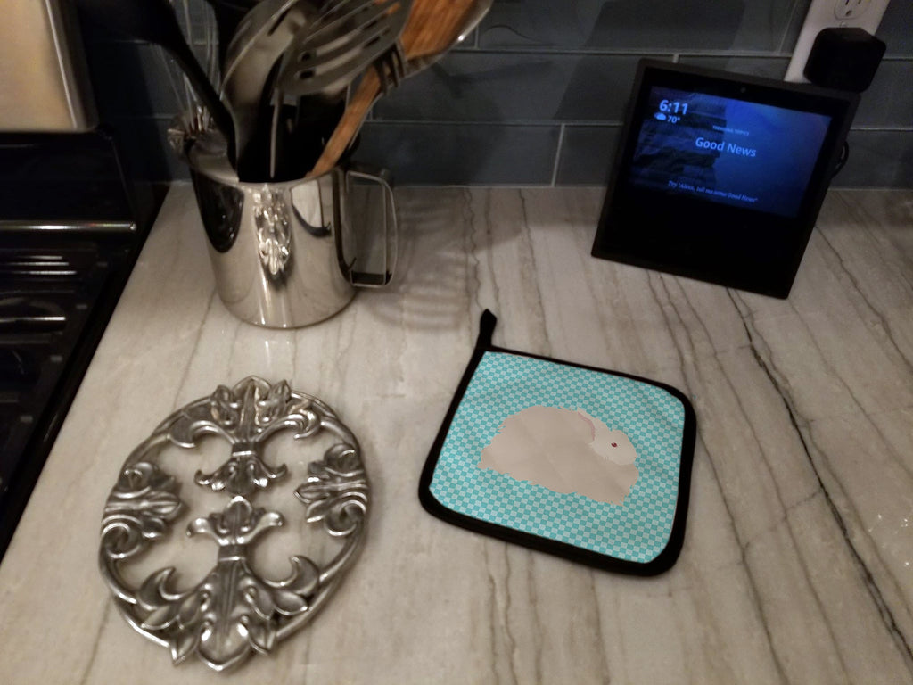 Fluffy Angora Rabbit Blue Check Pot Holder Set of 2 Heat Resistant Quilted Hot Pads 7.5 x 7.5 Inch, Insulated Kitchen Trivets for Cooking & Baking