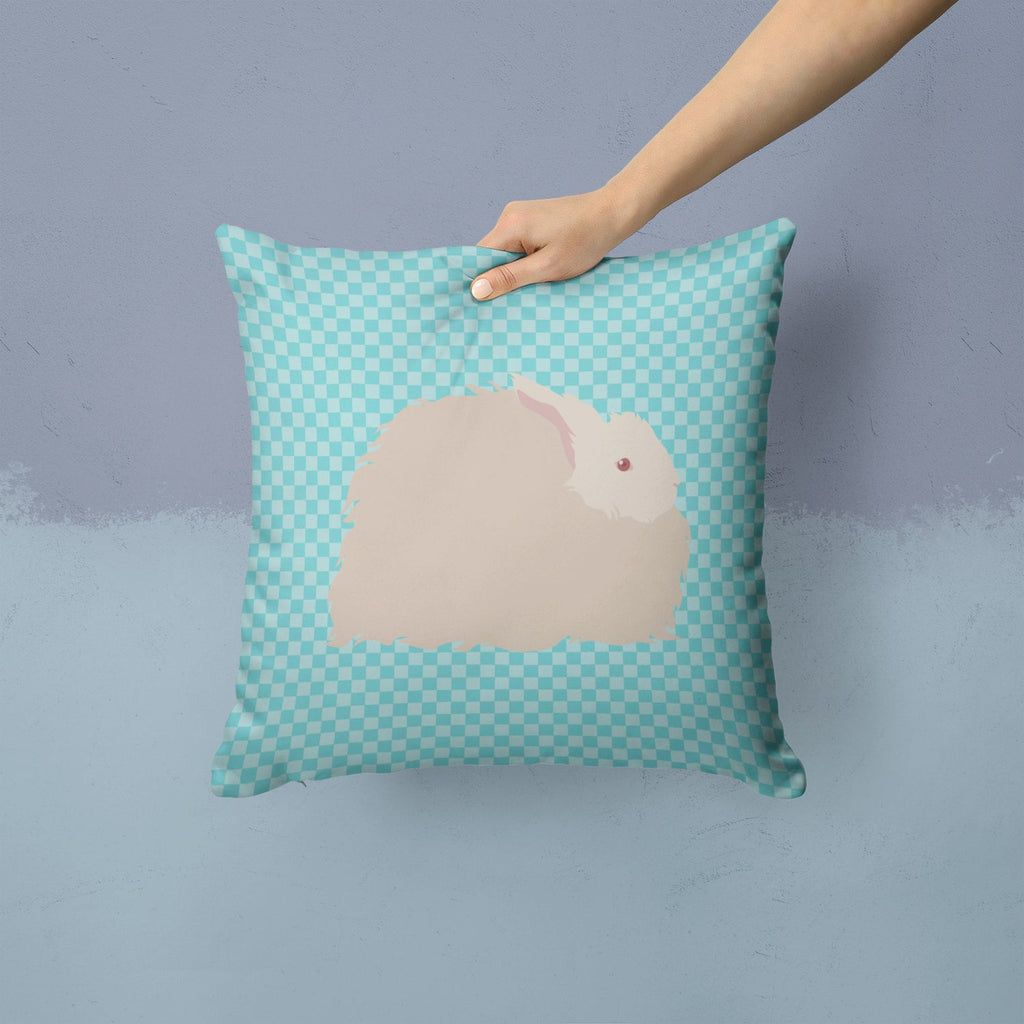 Fluffy Angora Rabbit Blue Check Decorative Throw Pillow 14x14 Indoor Outdoor Accent Cushion, Fabric Cover with Insert for Sofa, Bed, Porch & Living Room