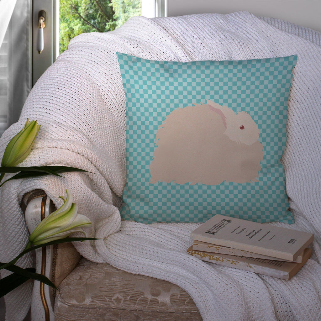 Fluffy Angora Rabbit Blue Check Decorative Throw Pillow 14x14 Indoor Outdoor Accent Cushion, Fabric Cover with Insert for Sofa, Bed, Porch & Living Room