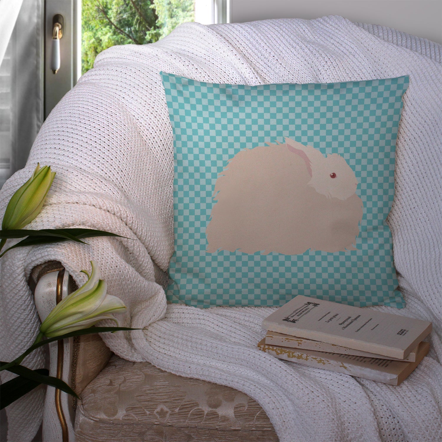 Fluffy Angora Rabbit Blue Check Decorative Throw Pillow 14x14 Indoor Outdoor Accent Cushion, Fabric Cover with Insert for Sofa, Bed, Porch & Living Room