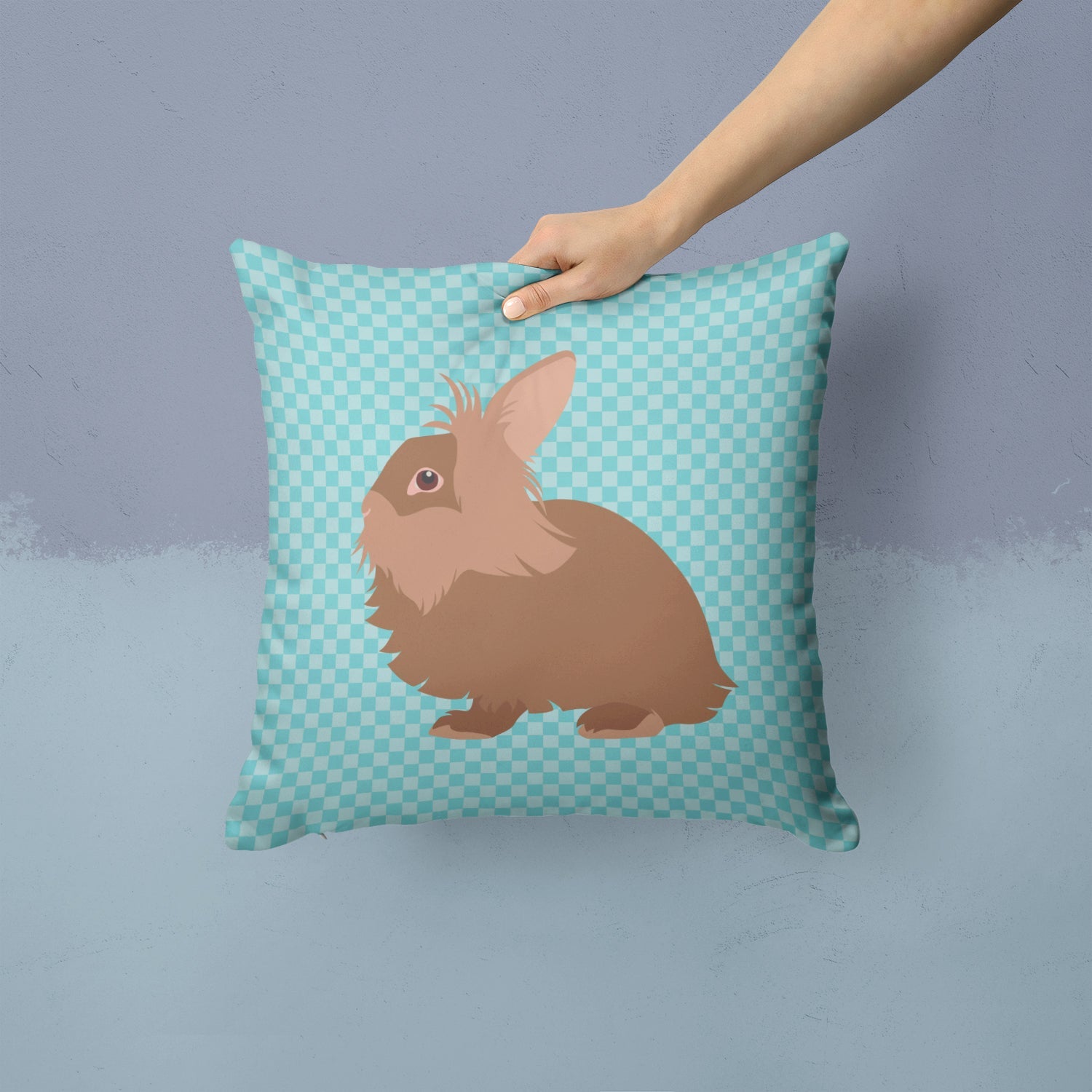 Lionhead Rabbit Blue Check Decorative Throw Pillow 14x14 Indoor Outdoor Accent Cushion, Fabric Cover with Insert for Sofa, Bed, Porch & Living Room