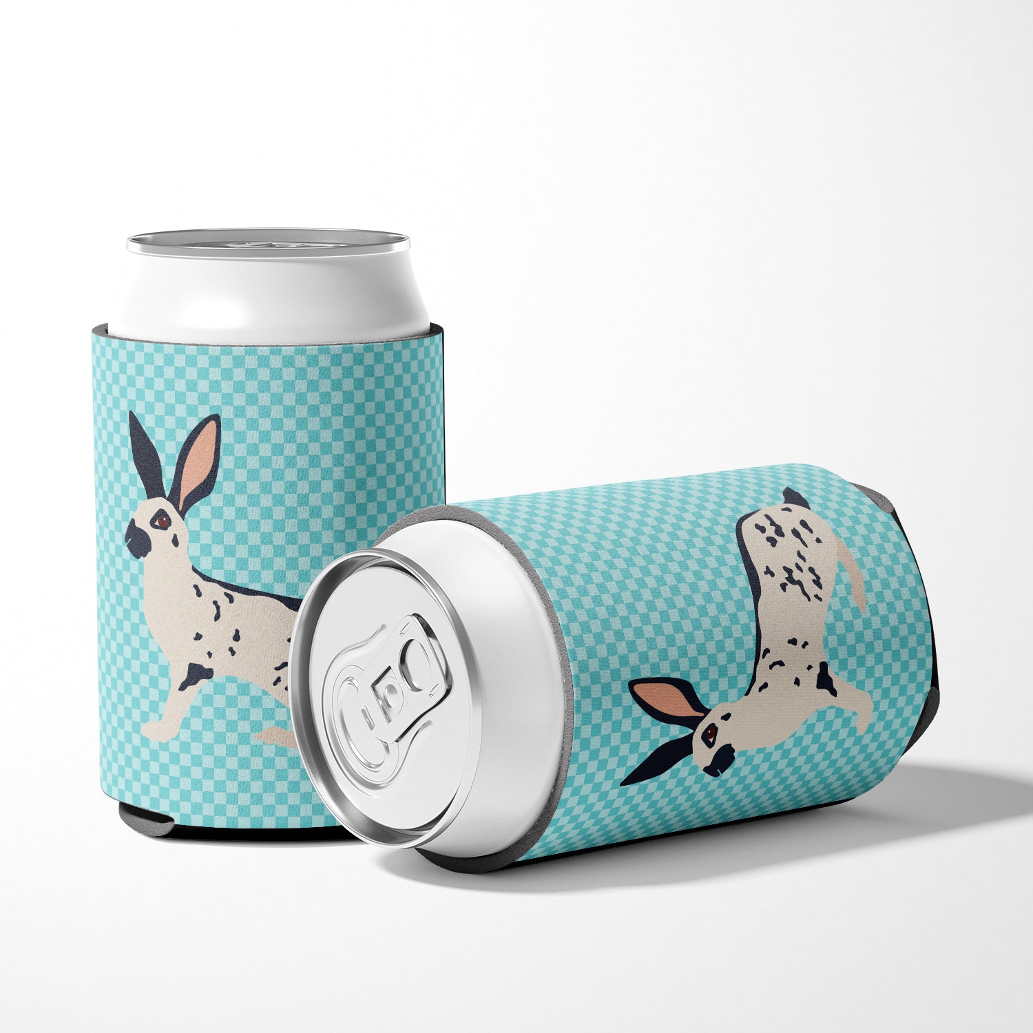 English Spot Rabbit Blue Check Can or Bottle Hugger Cooler Sleeve for Standard 12 oz Cans, Insulated Foam Beer & Soda Can Hugger Reusable