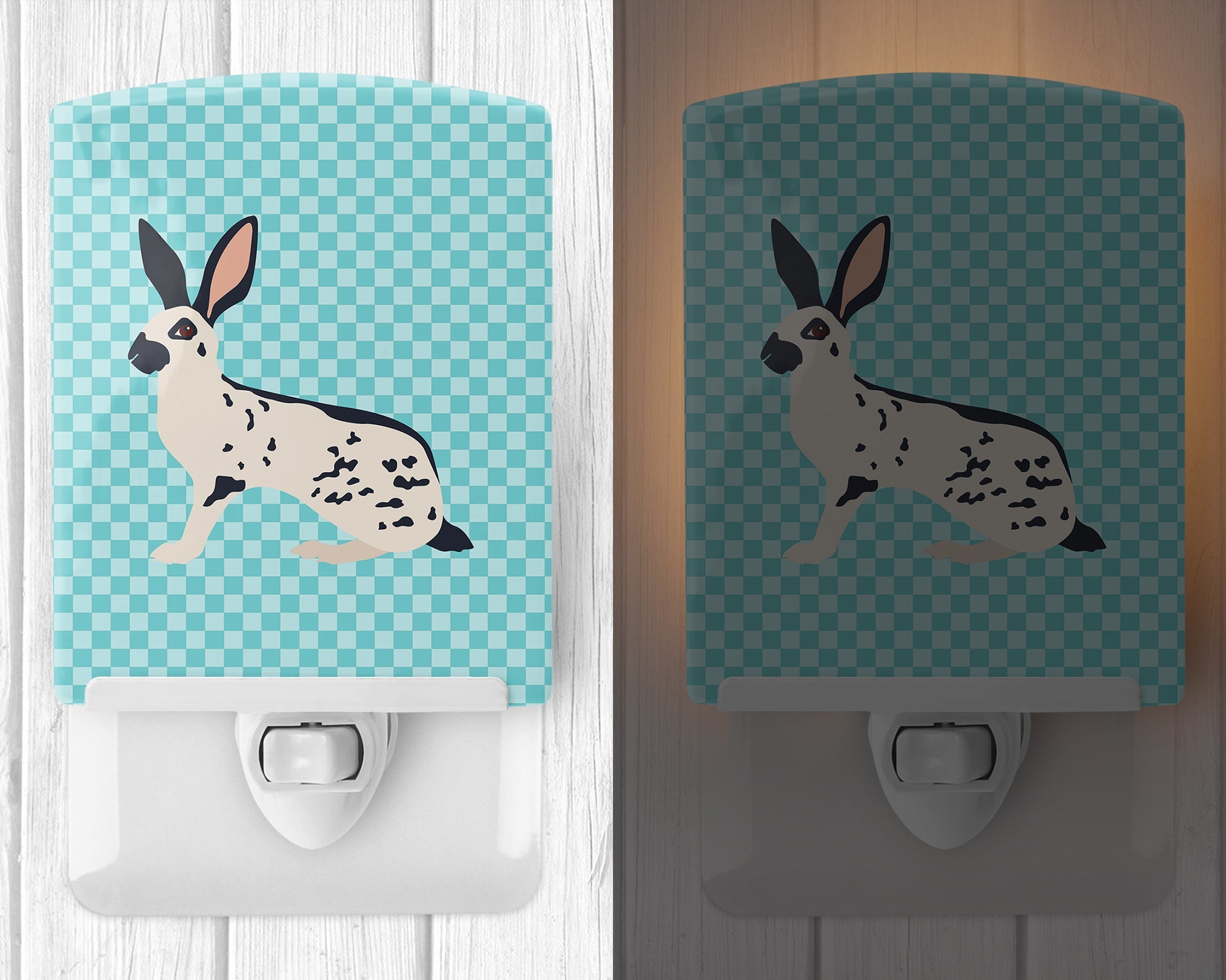 English Spot Rabbit Blue Check Ceramic Night Light Compact, UL-Certified, Ideal for Bedroom, Bathroom, Nursery, Hallway, Kitchen, 6x4x3, Multicolor