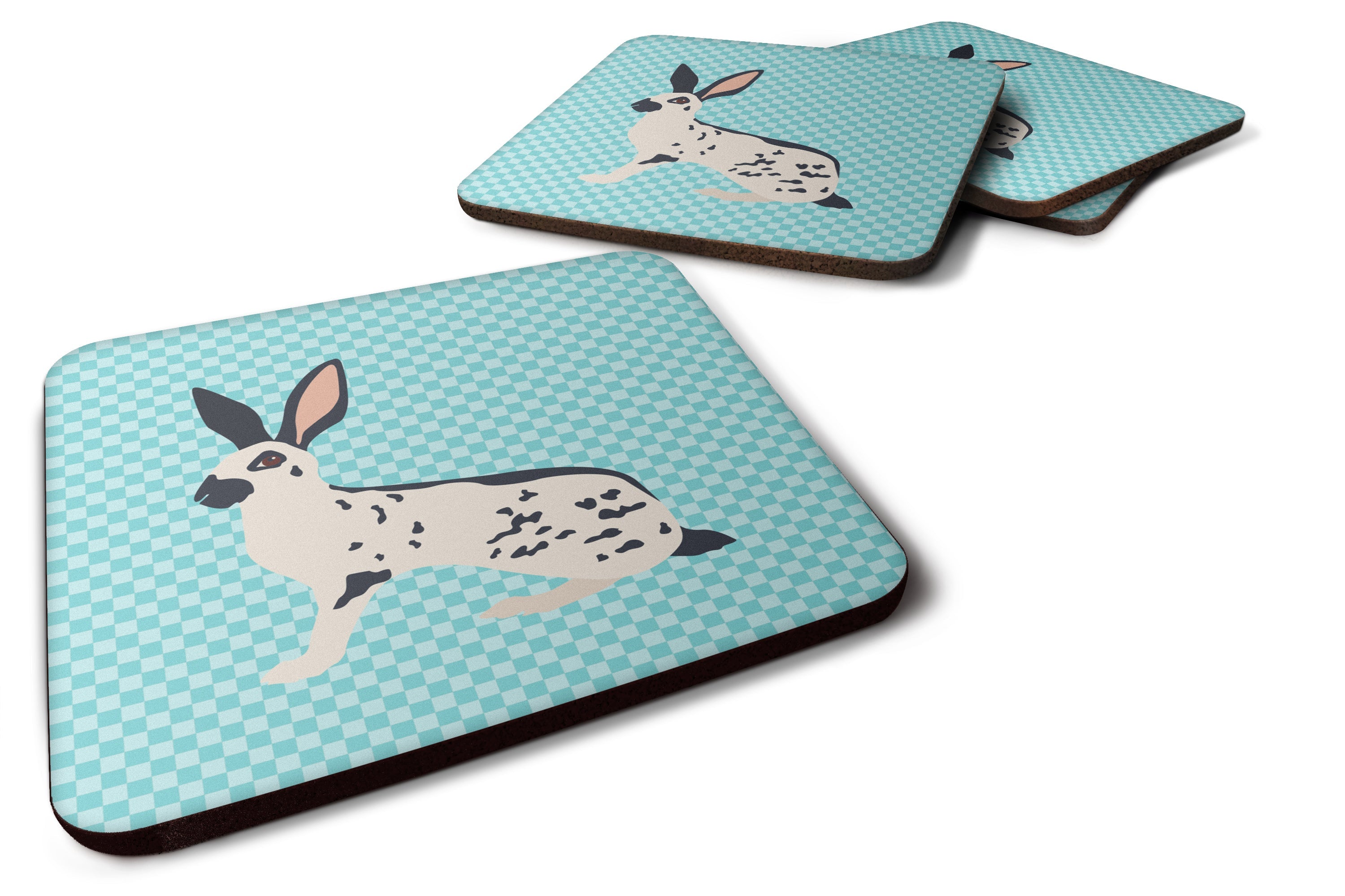 English Spot Rabbit Blue Check Foam Coasters Set of 4 Cup Coasters for Indoor Outdoor, Tabletop Protection, Anti Slip, Mouse pad Material