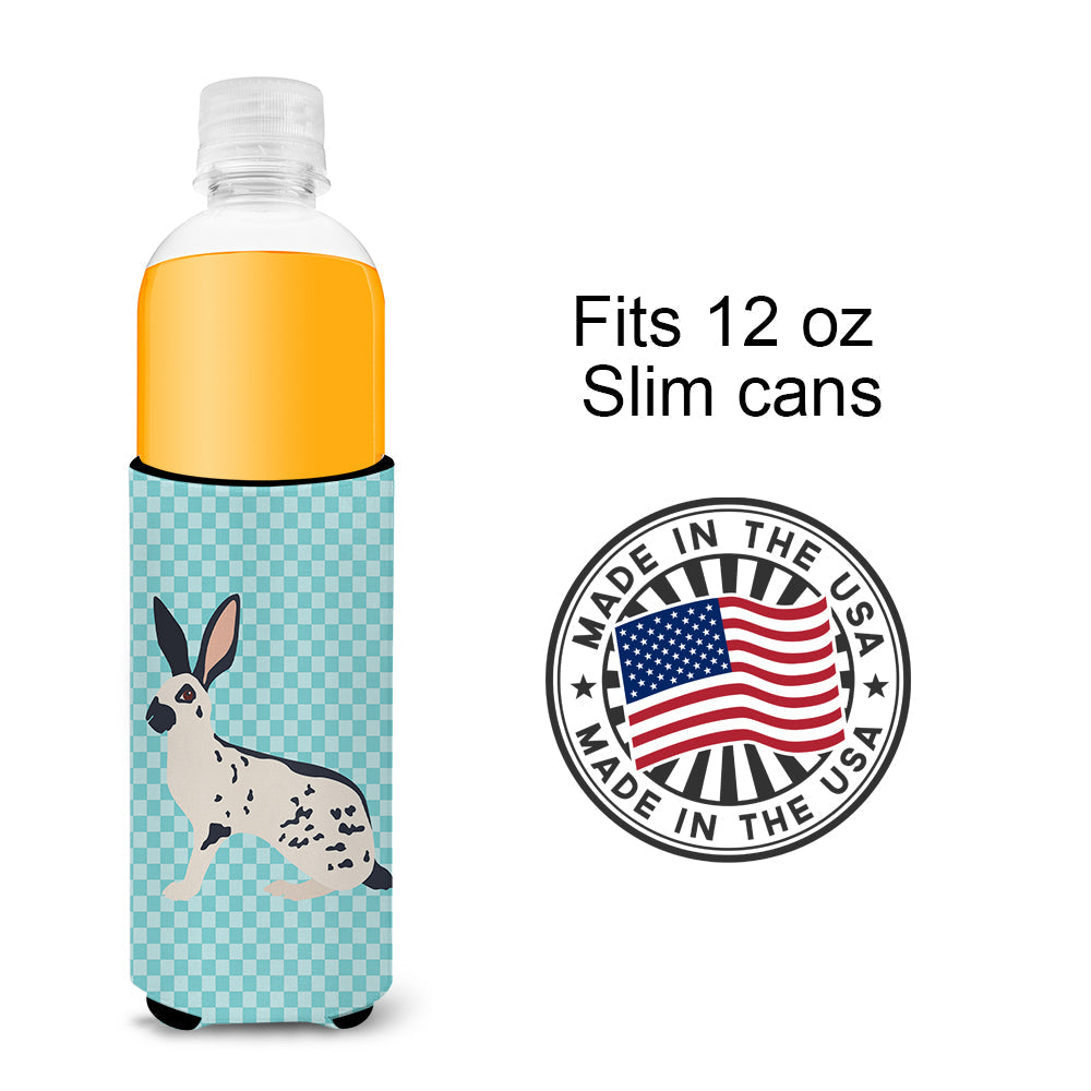English Spot Rabbit Blue Check Slim Can Hugger , Insulated Foam Hugger for 12 oz Slim Cans, Beer Bottles & Water Bottles, Printed in USA