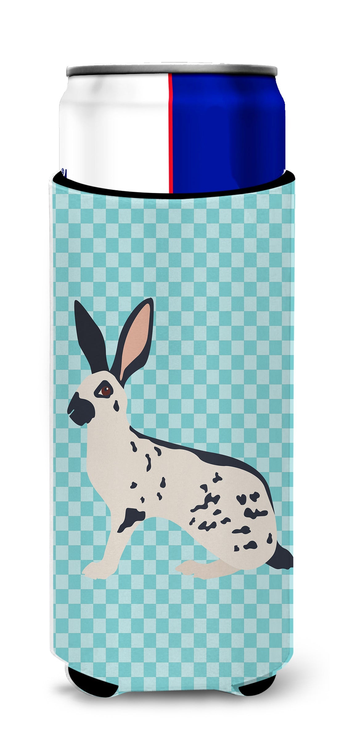 English Spot Rabbit Blue Check Slim Can Hugger , Insulated Foam Hugger for 12 oz Slim Cans, Beer Bottles & Water Bottles, Printed in USA