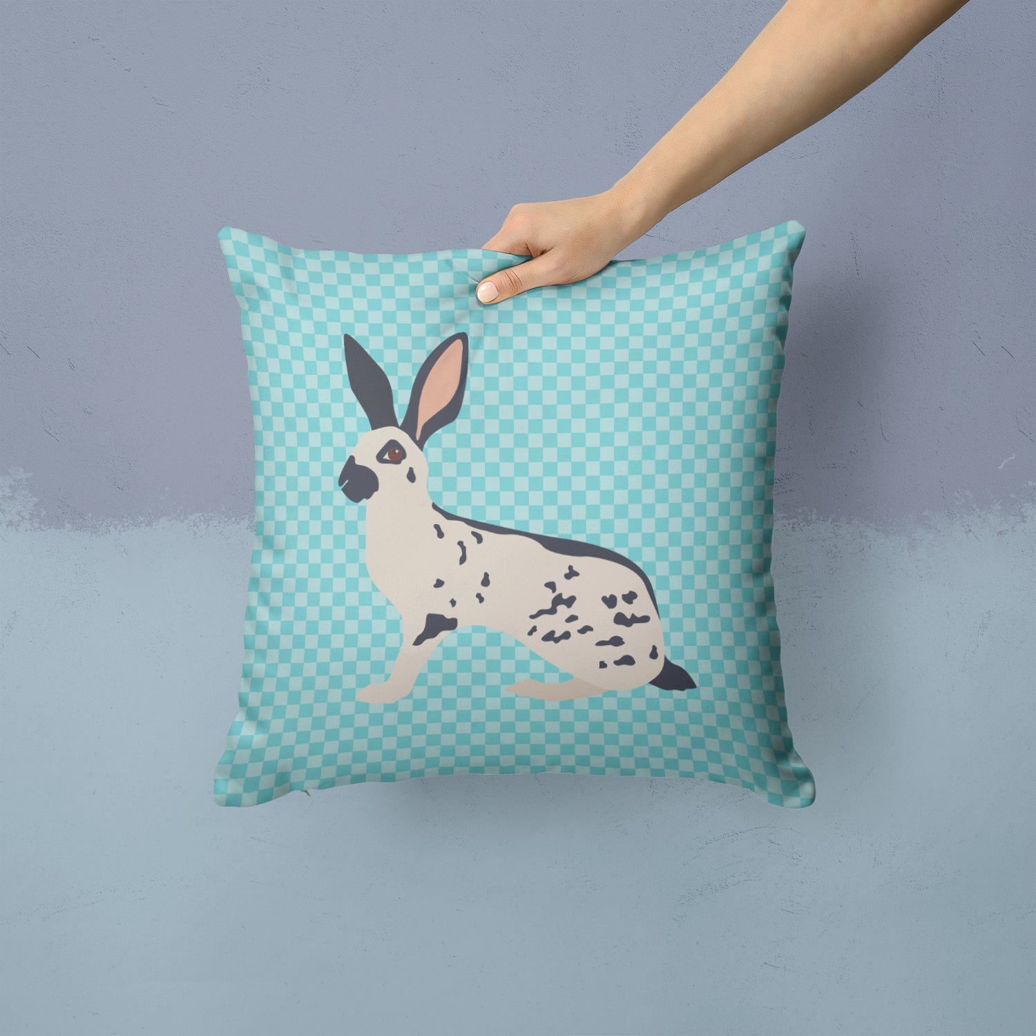 English Spot Rabbit Blue Check Decorative Throw Pillow 14x14 Indoor Outdoor Accent Cushion, Fabric Cover with Insert for Sofa, Bed, Porch & Living Room