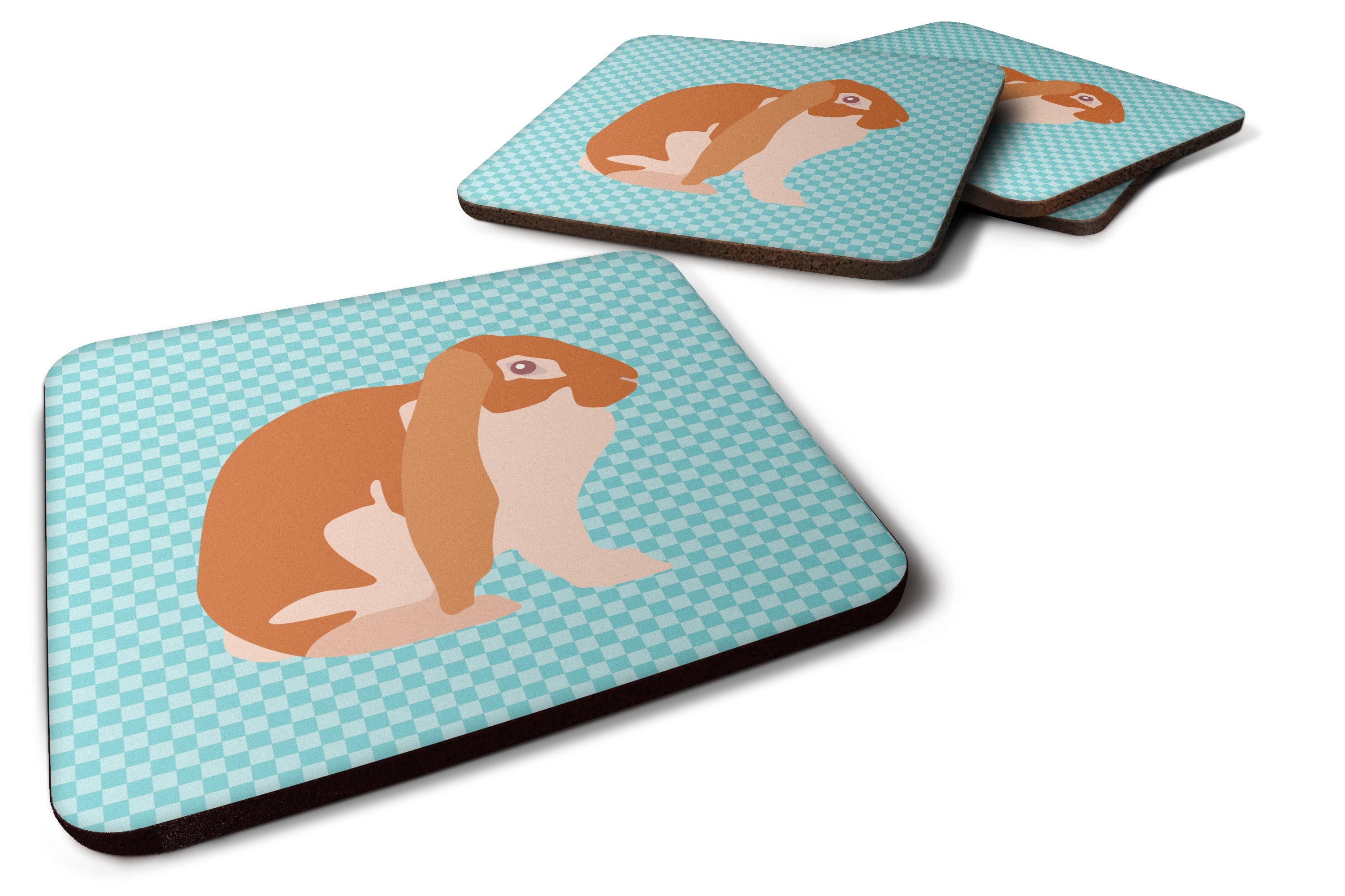 English Lop Rabbit Blue Check Foam Coasters Set of 4 Cup Coasters for Indoor Outdoor, Tabletop Protection, Anti Slip, Mouse pad Material