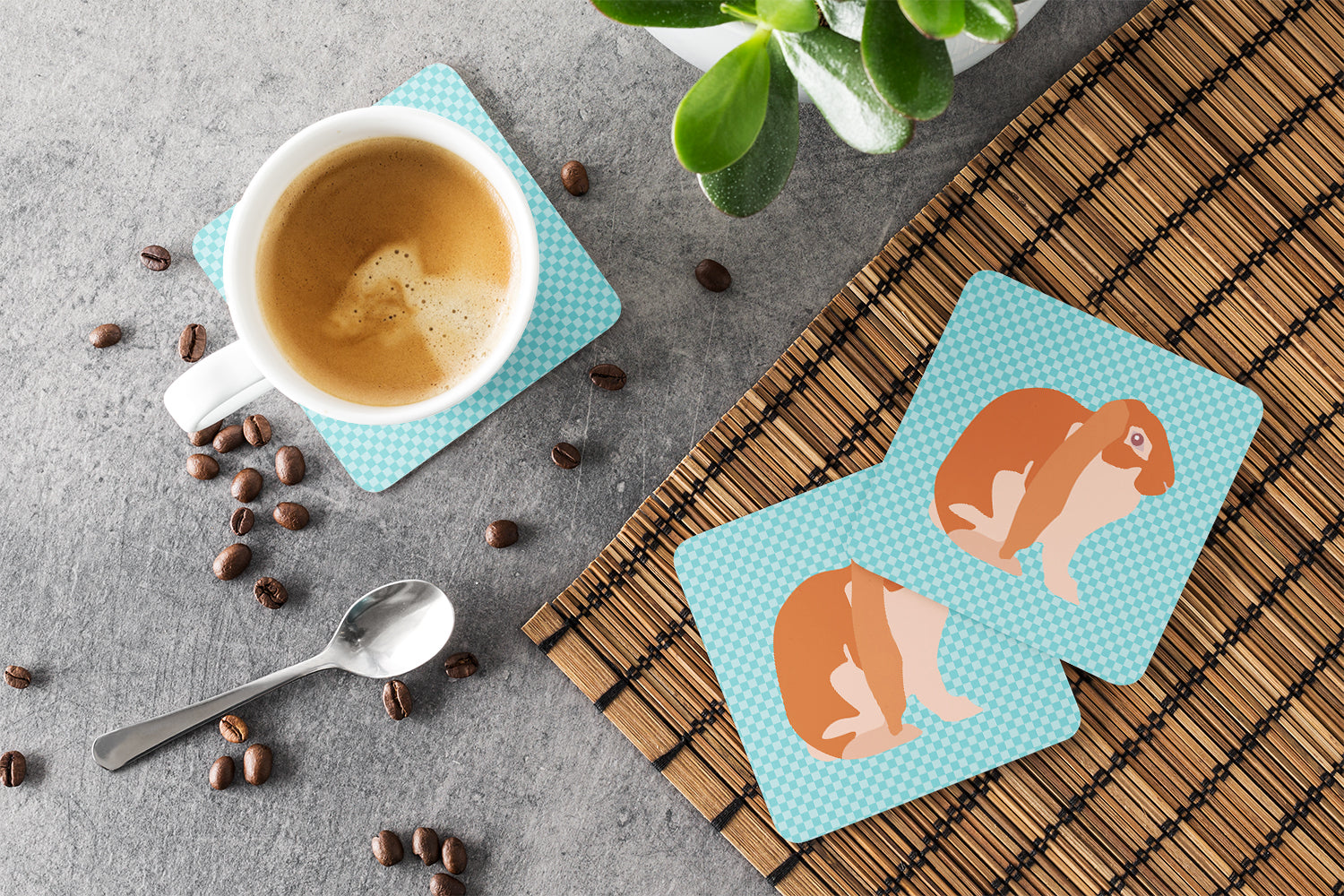 English Lop Rabbit Blue Check Foam Coasters Set of 4 Cup Coasters for Indoor Outdoor, Tabletop Protection, Anti Slip, Mouse pad Material