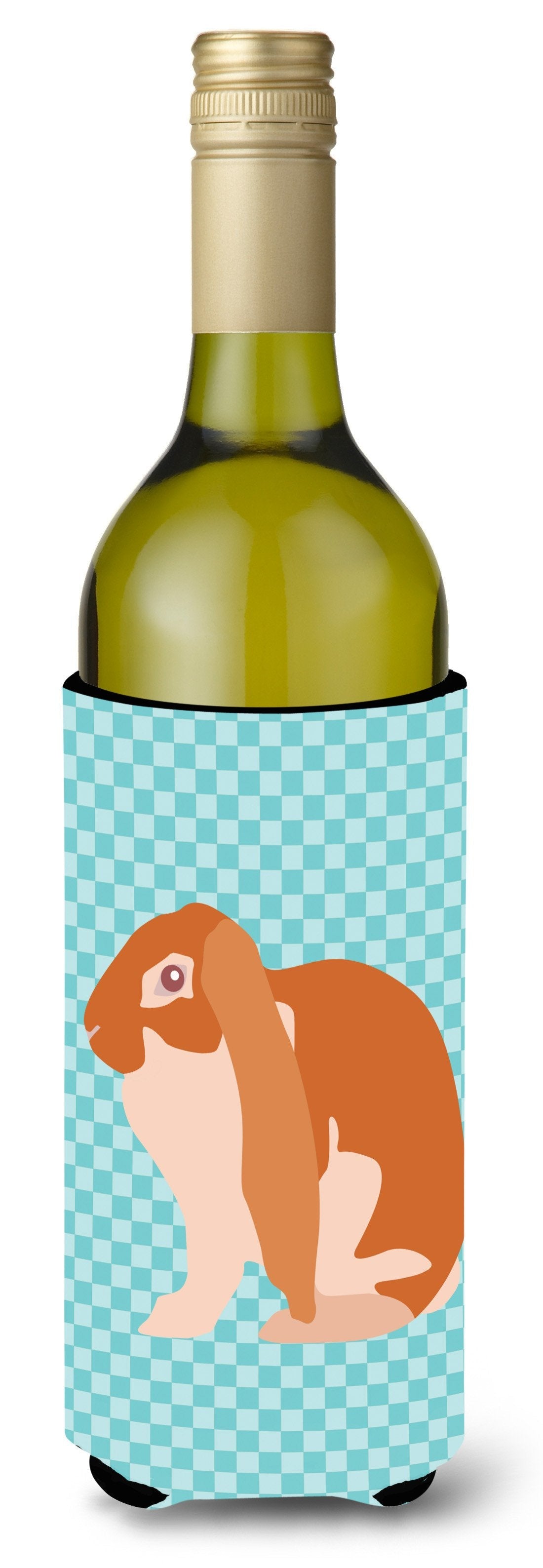 English Lop Rabbit Blue Check Wine Bottle Hugger Gift Sleeve for Standard 750 ml Bottles, Insulated Reusable Also Fits Mini Shot & Pint Bottles
