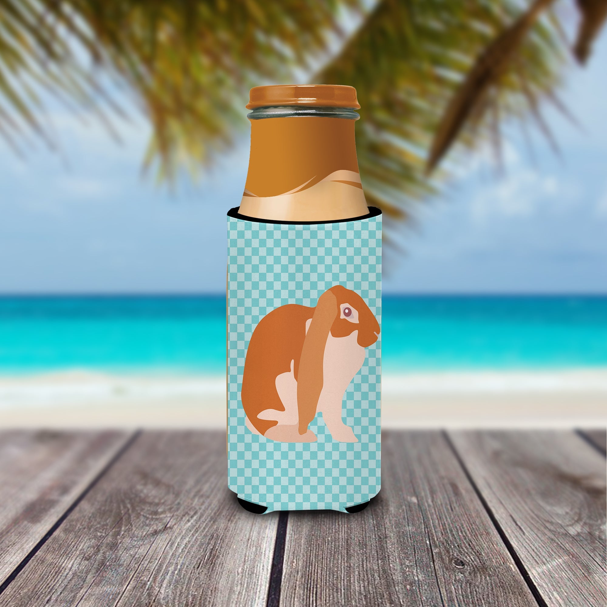 English Lop Rabbit Blue Check Slim Can Hugger , Insulated Foam Hugger for 12 oz Slim Cans, Beer Bottles & Water Bottles, Printed in USA