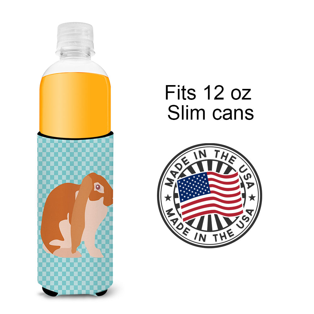 English Lop Rabbit Blue Check Slim Can Hugger , Insulated Foam Hugger for 12 oz Slim Cans, Beer Bottles & Water Bottles, Printed in USA