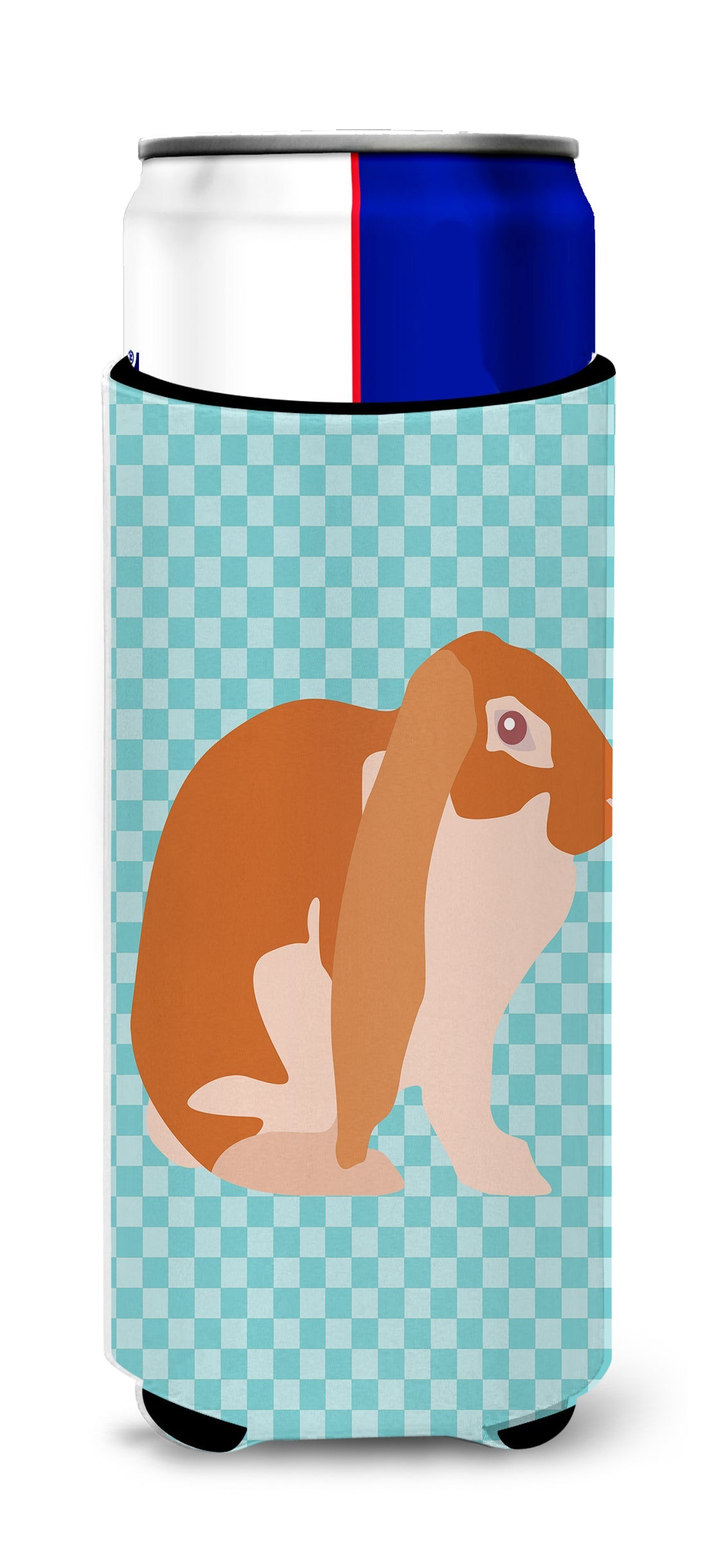 English Lop Rabbit Blue Check Slim Can Hugger , Insulated Foam Hugger for 12 oz Slim Cans, Beer Bottles & Water Bottles, Printed in USA