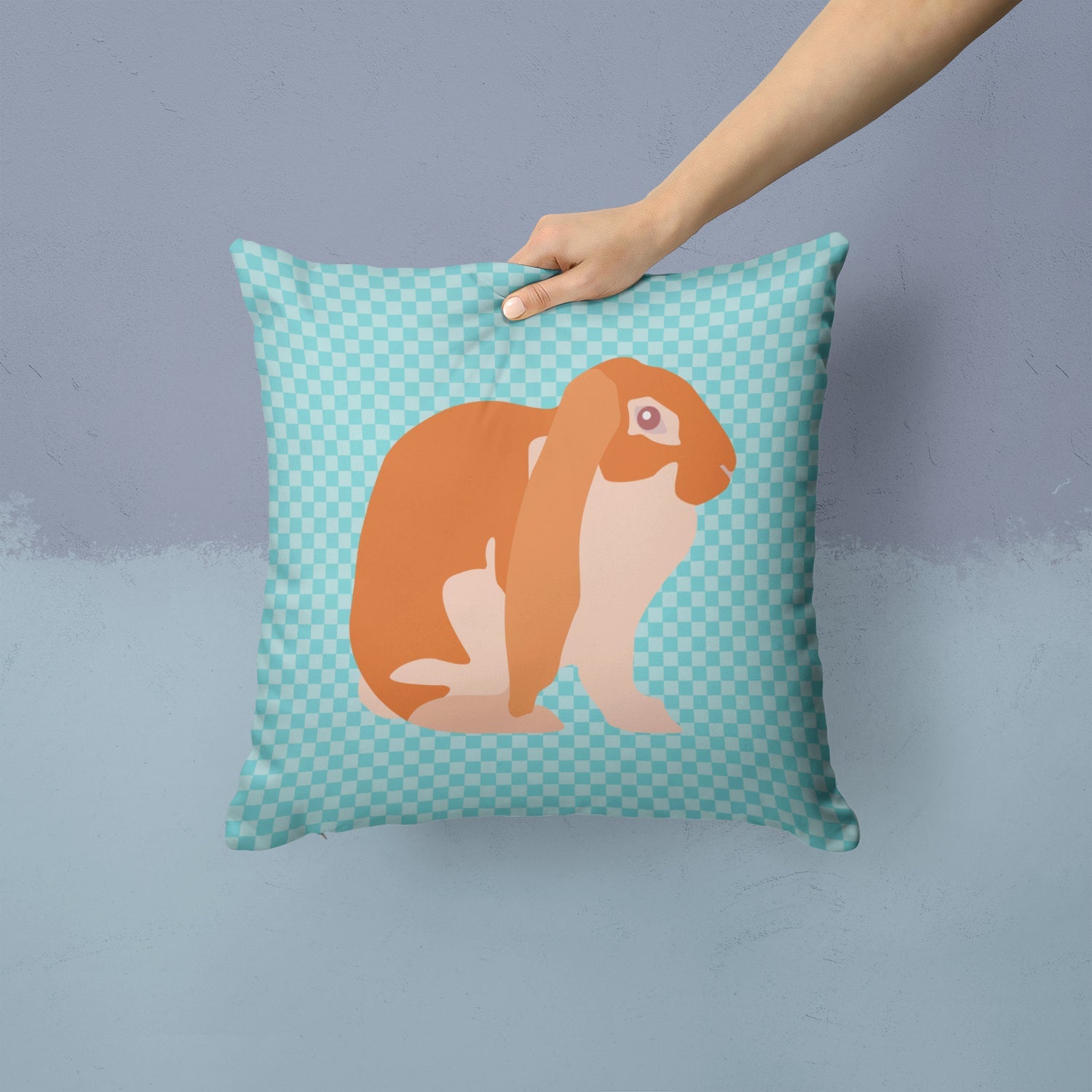 English Lop Rabbit Blue Check Decorative Throw Pillow 14x14 Indoor Outdoor Accent Cushion, Fabric Cover with Insert for Sofa, Bed, Porch & Living Room