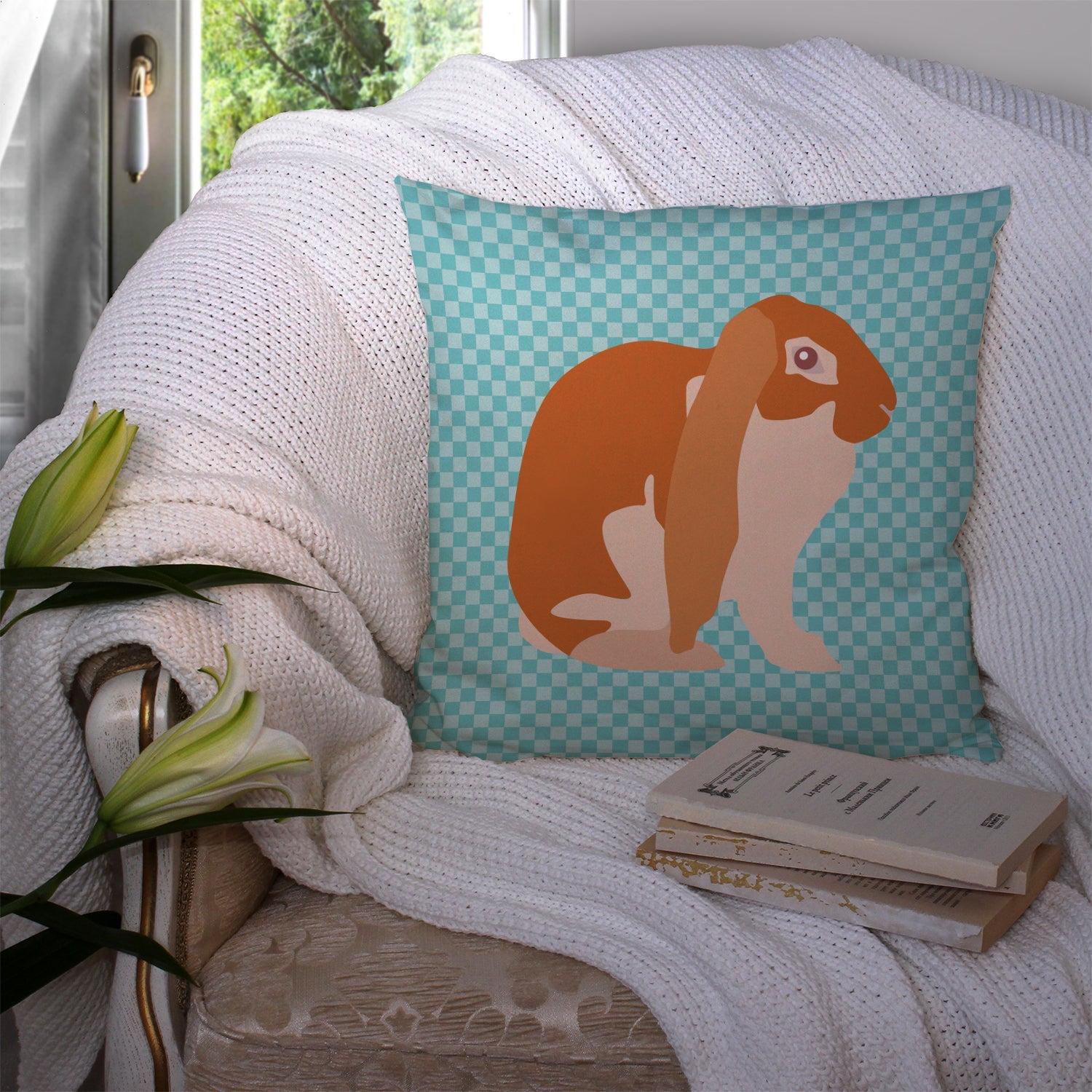 English Lop Rabbit Blue Check Decorative Throw Pillow 14x14 Indoor Outdoor Accent Cushion, Fabric Cover with Insert for Sofa, Bed, Porch & Living Room