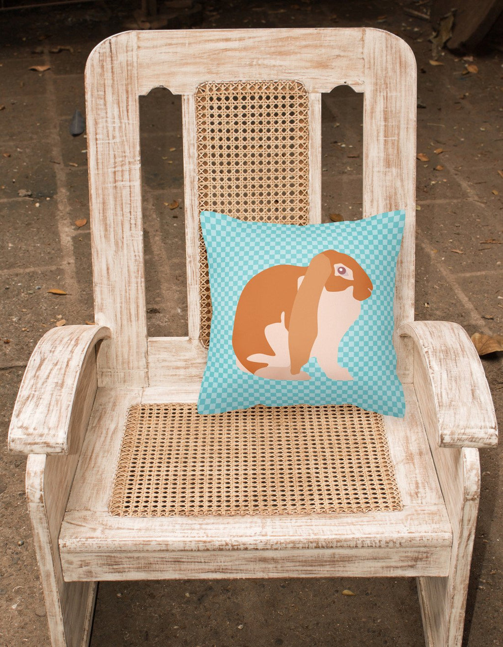 English Lop Rabbit Blue Check Decorative Throw Pillow 18x18 Indoor Outdoor Accent Cushion, Fabric Cover with Insert for Sofa, Bed, Porch & Living Room