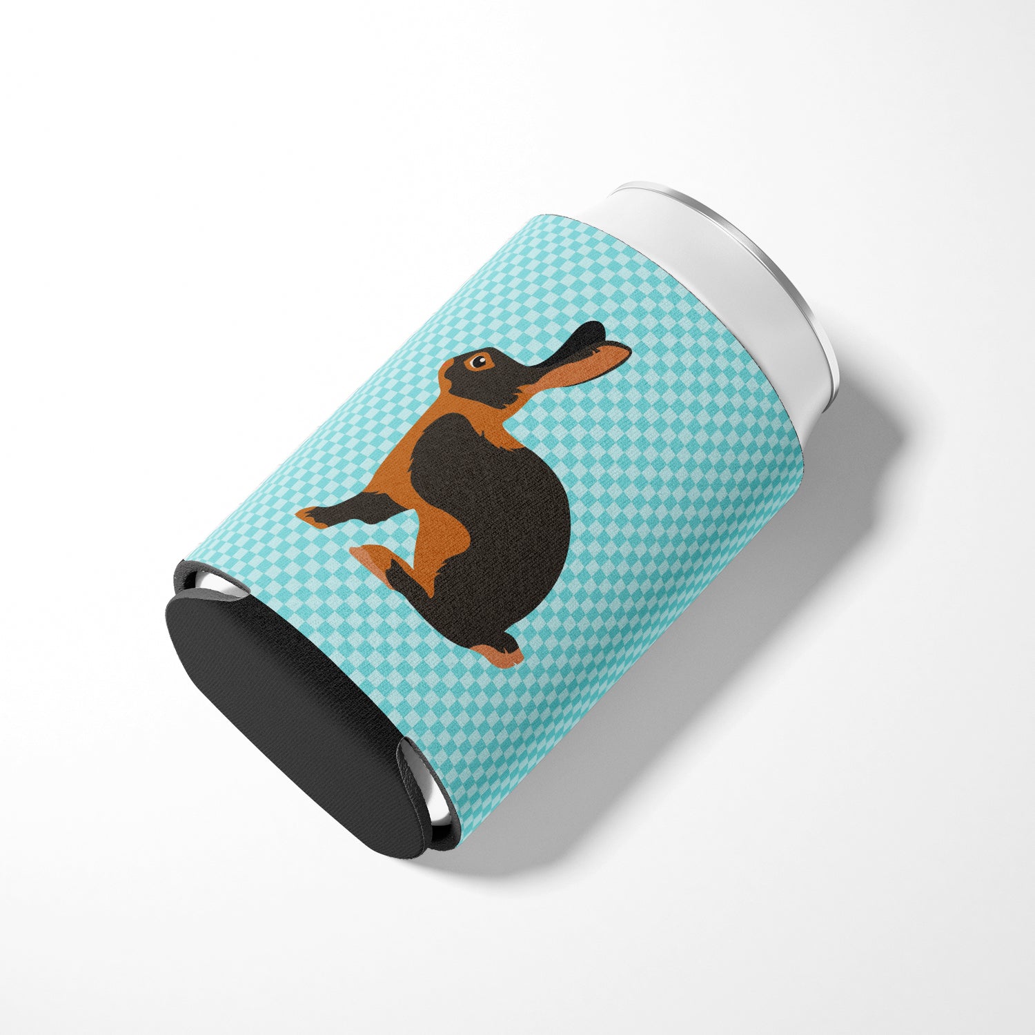 Tan Rabbit Blue Check Can or Bottle Hugger Cooler Sleeve for Standard 12 oz Cans, Insulated Foam Beer & Soda Can Hugger Reusable