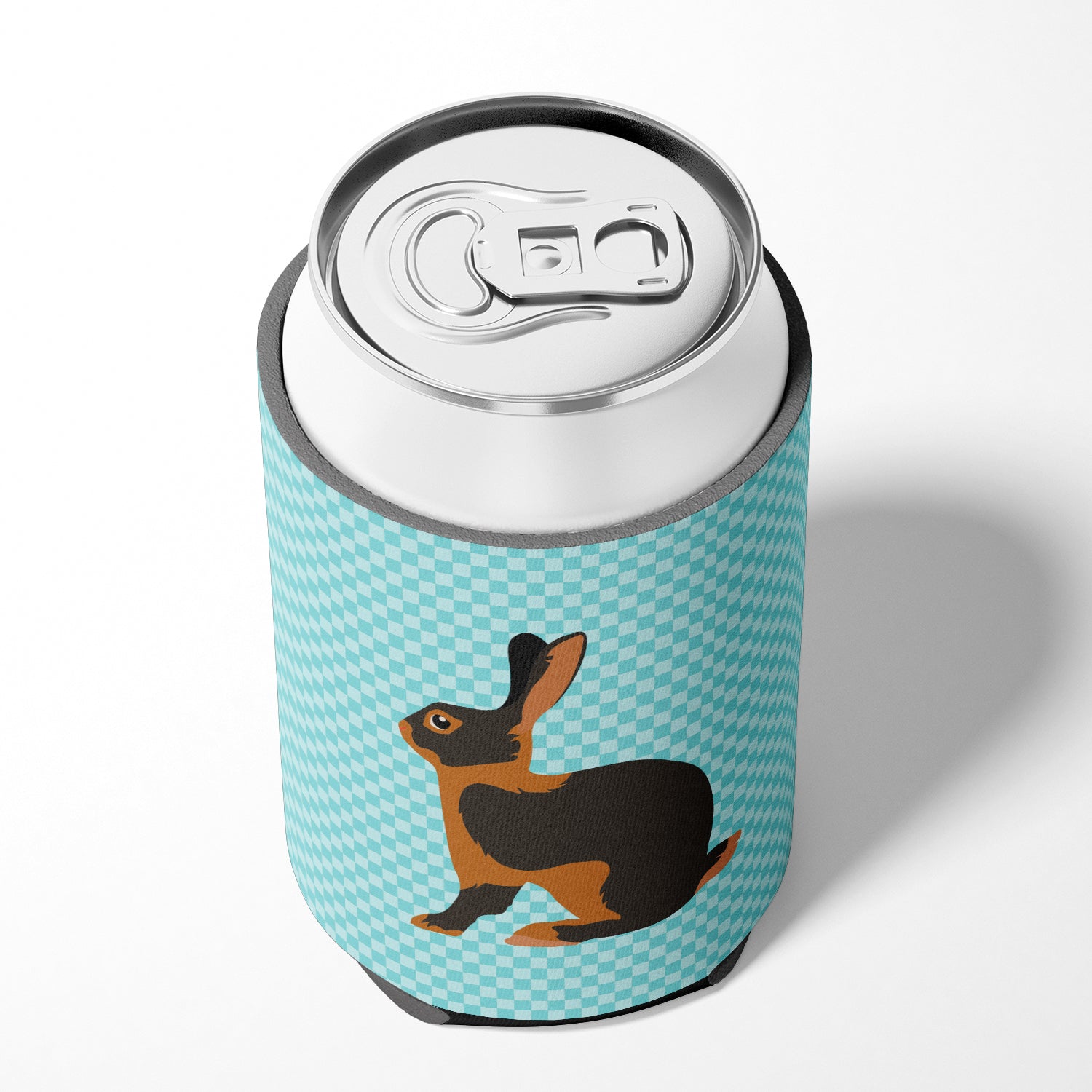 Tan Rabbit Blue Check Can or Bottle Hugger Cooler Sleeve for Standard 12 oz Cans, Insulated Foam Beer & Soda Can Hugger Reusable
