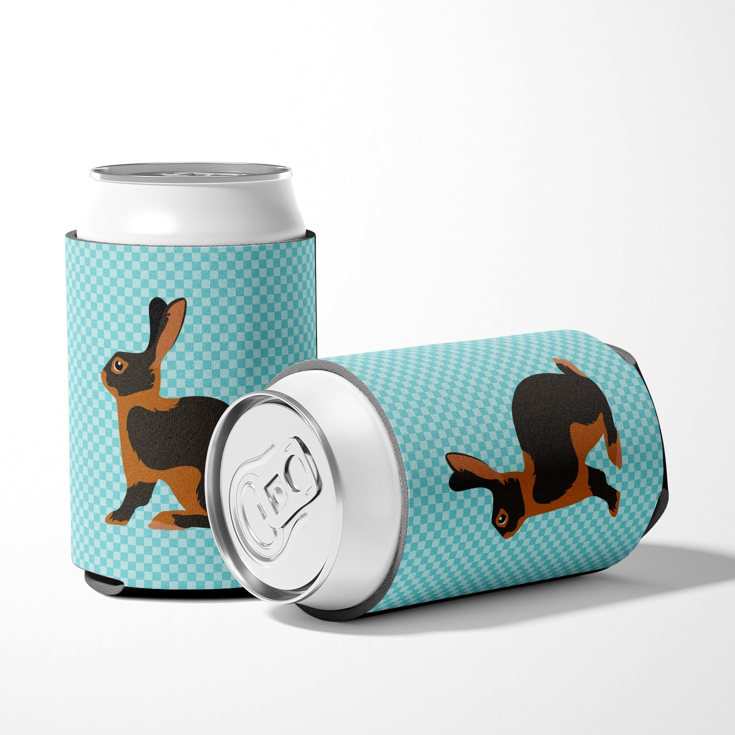 Tan Rabbit Blue Check Can or Bottle Hugger Cooler Sleeve for Standard 12 oz Cans, Insulated Foam Beer & Soda Can Hugger Reusable
