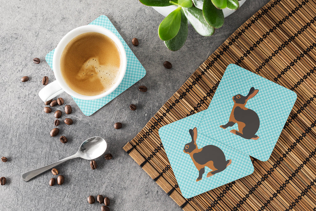 Tan Rabbit Blue Check Foam Coasters Set of 4 Cup Coasters for Indoor Outdoor, Tabletop Protection, Anti Slip, Mouse pad Material