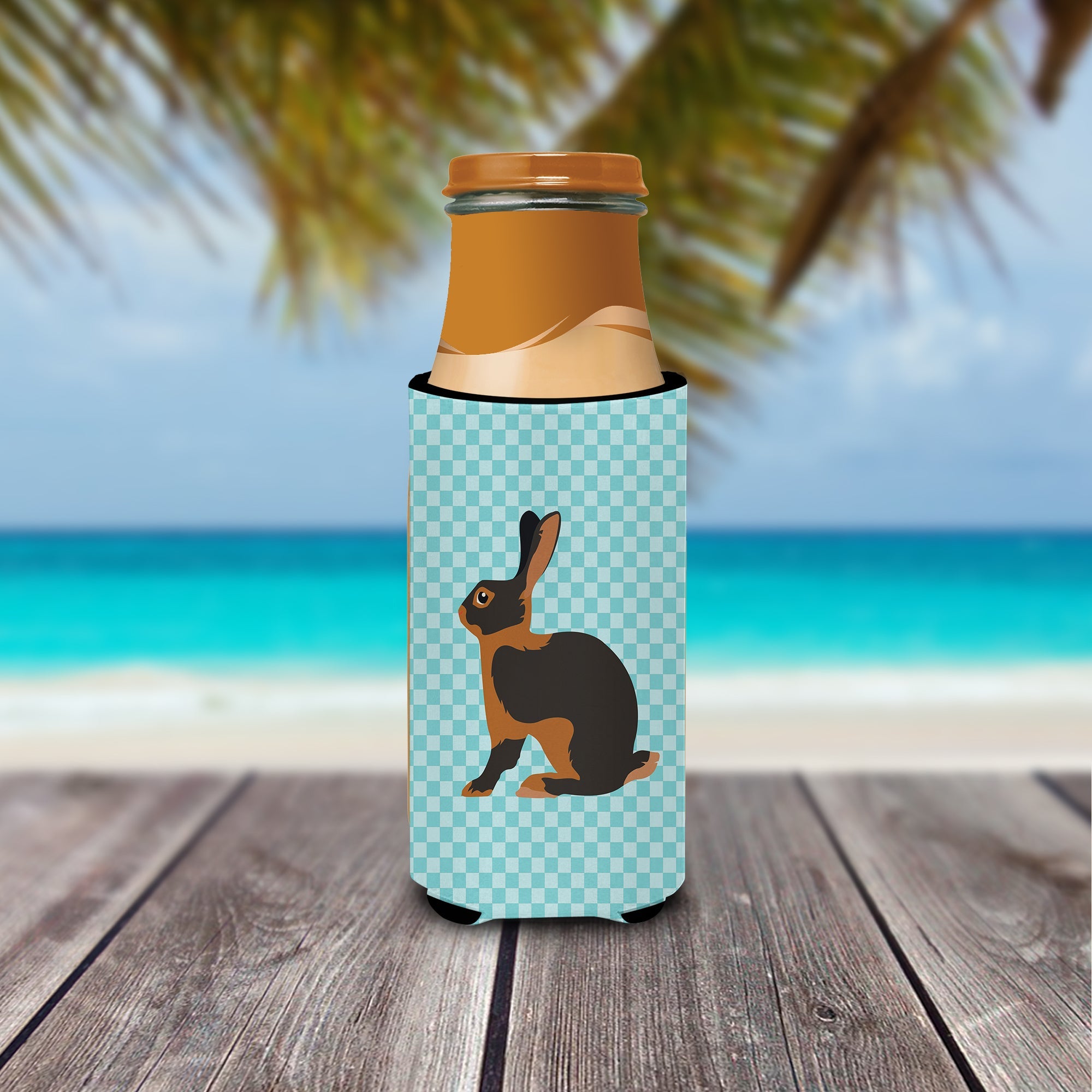 Tan Rabbit Blue Check Slim Can Hugger , Insulated Foam Hugger for 12 oz Slim Cans, Beer Bottles & Water Bottles, Printed in USA