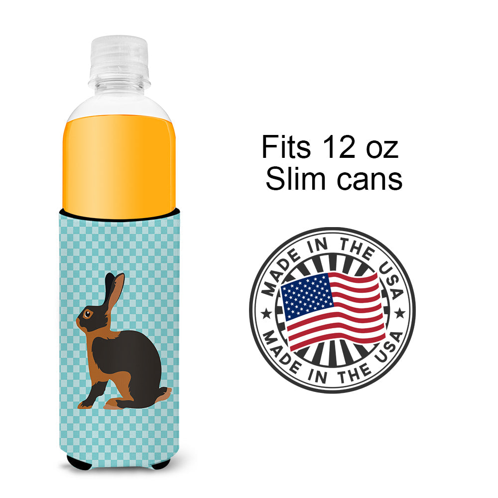 Tan Rabbit Blue Check Slim Can Hugger , Insulated Foam Hugger for 12 oz Slim Cans, Beer Bottles & Water Bottles, Printed in USA