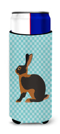 Tan Rabbit Blue Check Slim Can Hugger , Insulated Foam Hugger for 12 oz Slim Cans, Beer Bottles & Water Bottles, Printed in USA