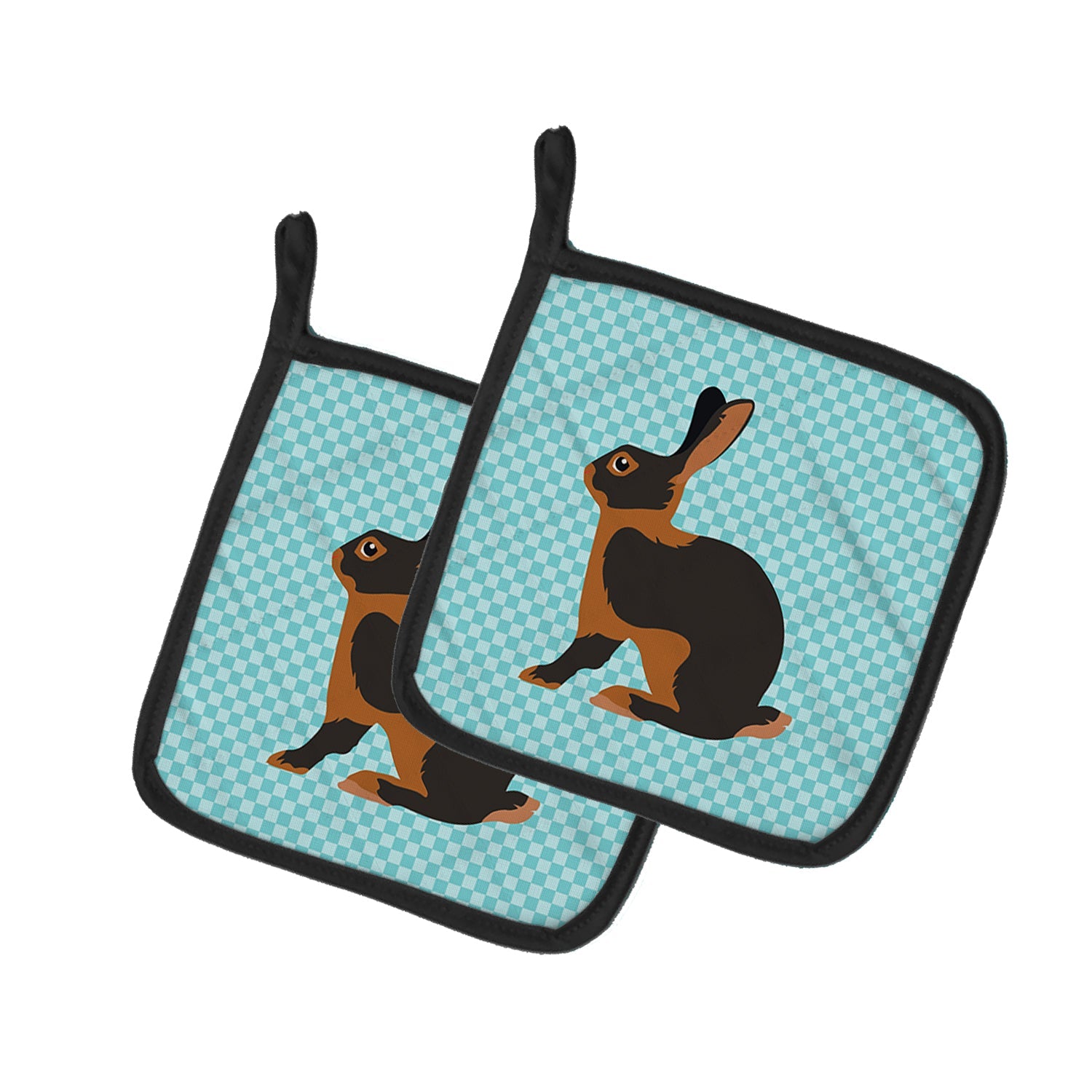 Tan Rabbit Blue Check Pot Holder Set of 2 Heat Resistant Quilted Hot Pads 7.5 x 7.5 Inch, Insulated Kitchen Trivets for Cooking & Baking