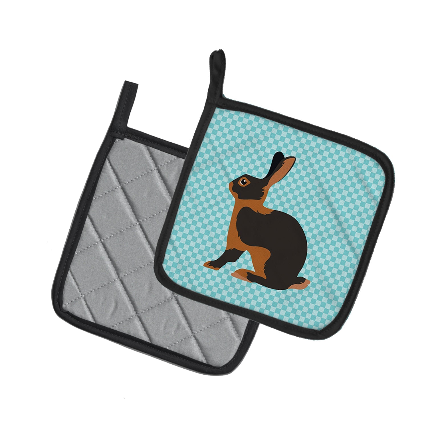Tan Rabbit Blue Check Pot Holder Set of 2 Heat Resistant Quilted Hot Pads 7.5 x 7.5 Inch, Insulated Kitchen Trivets for Cooking & Baking