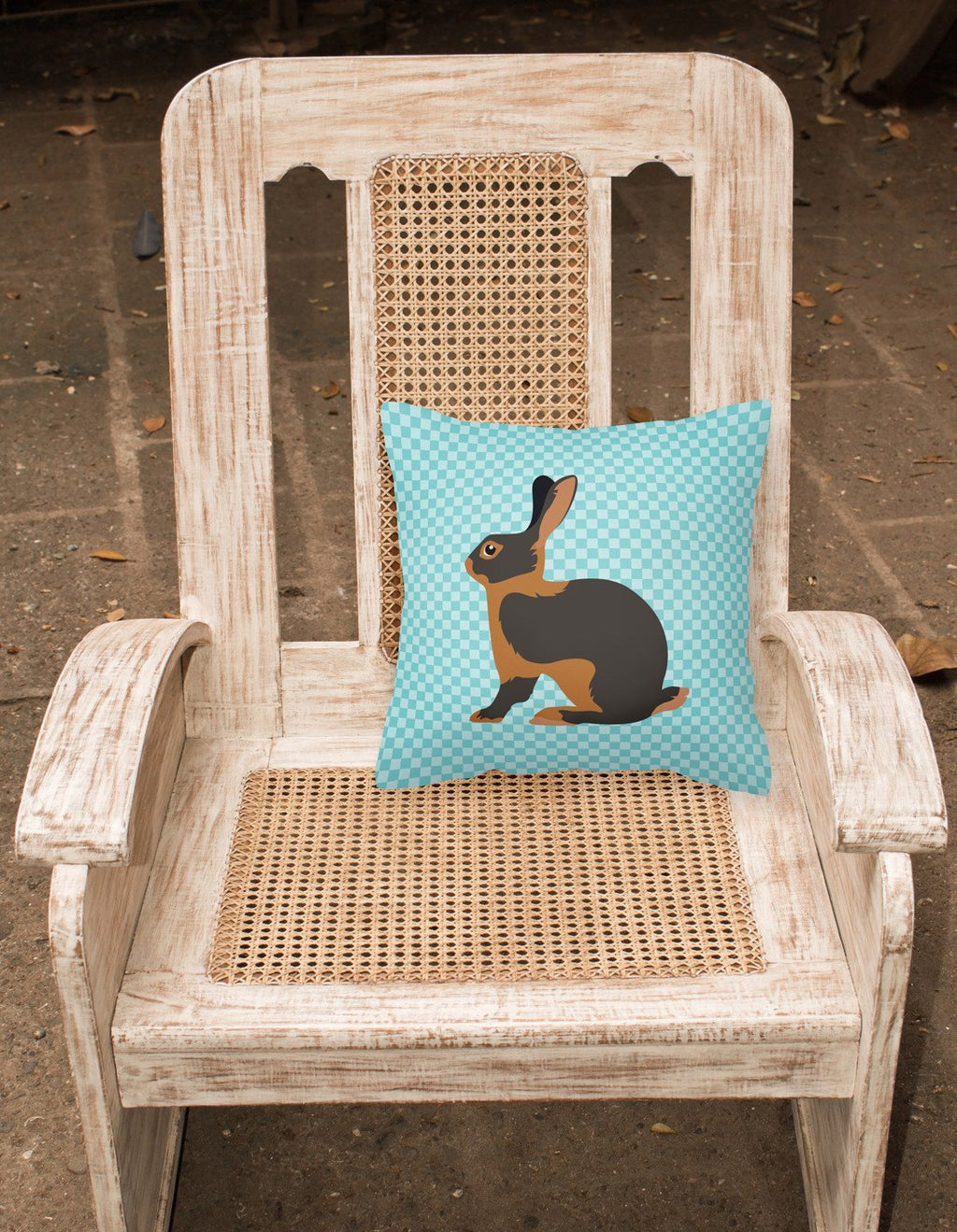 Tan Rabbit Blue Check Decorative Throw Pillow 18x18 Indoor Outdoor Accent Cushion, Fabric Cover with Insert for Sofa, Bed, Porch & Living Room