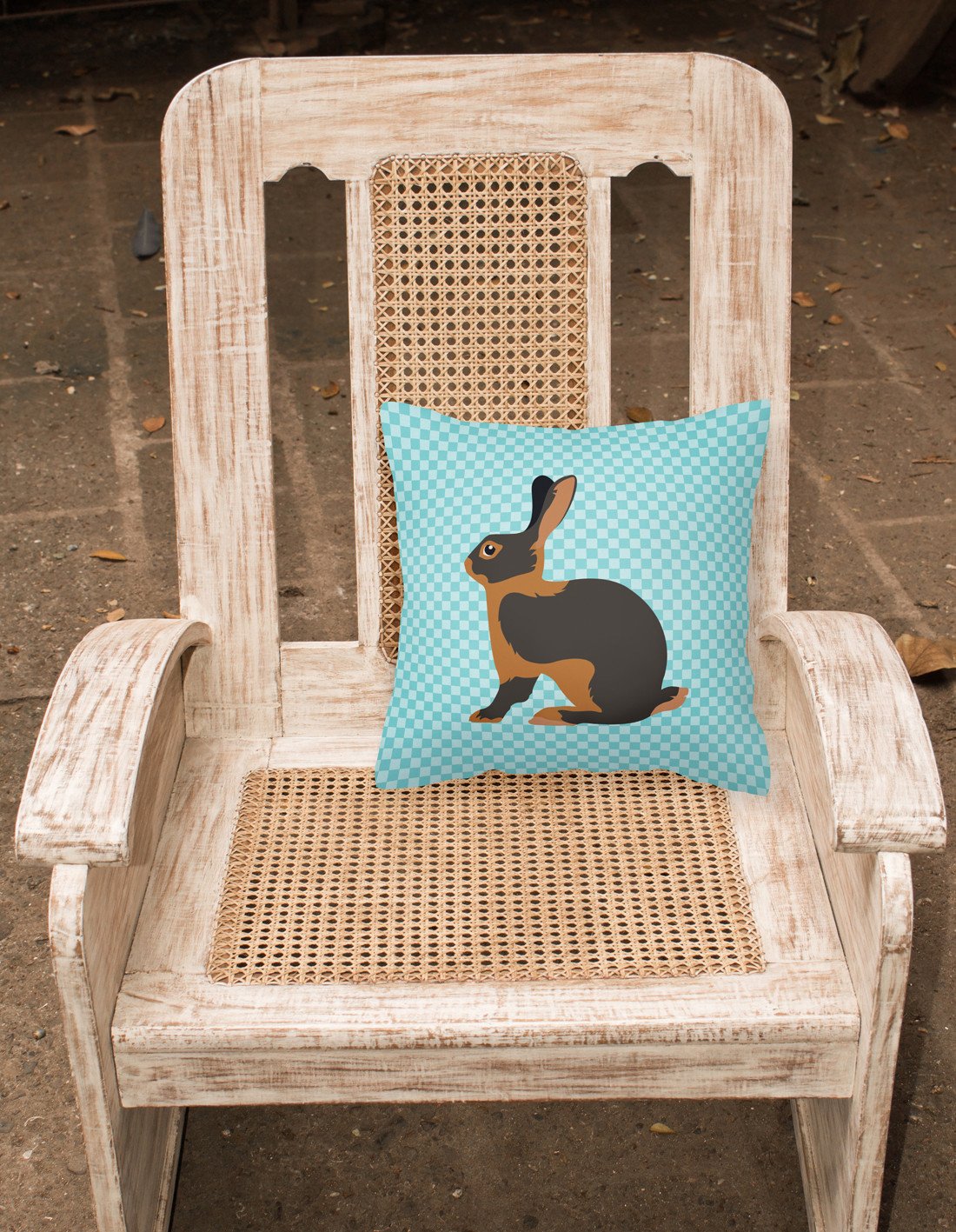 Tan Rabbit Blue Check Decorative Throw Pillow 18x18 Indoor Outdoor Accent Cushion, Fabric Cover with Insert for Sofa, Bed, Porch & Living Room