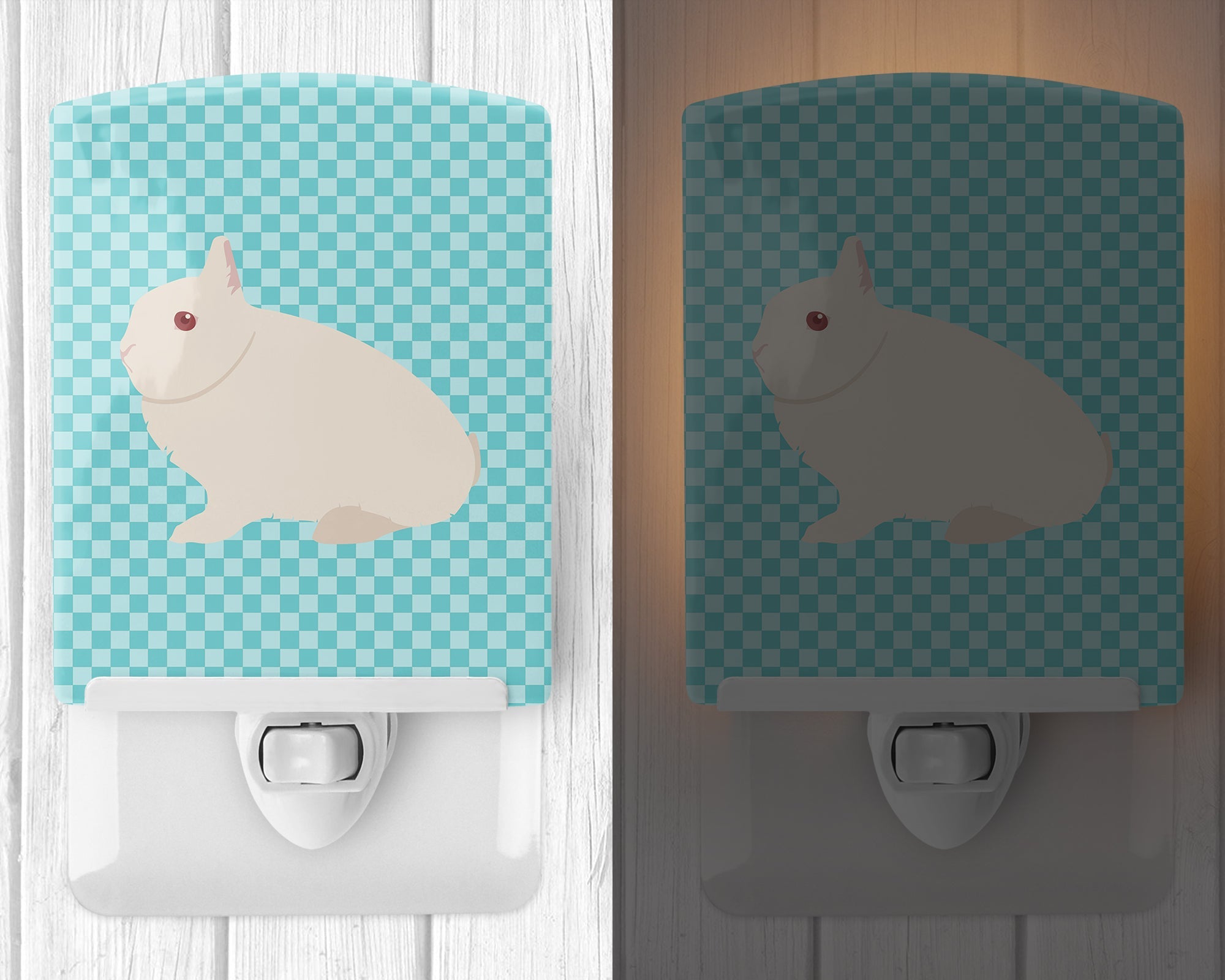 Hermelin Rabbit Blue Check Ceramic Night Light Compact, UL-Certified, Ideal for Bedroom, Bathroom, Nursery, Hallway, Kitchen, 6x4x3, Multicolor