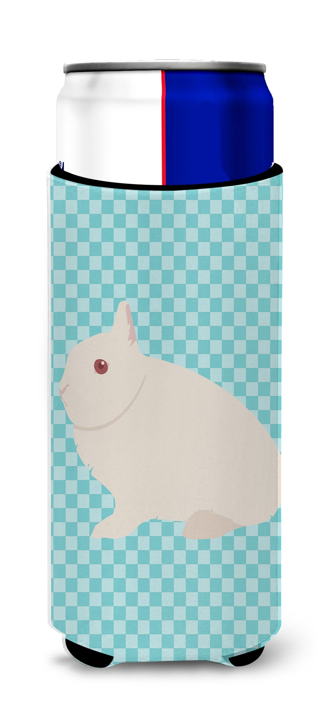 Hermelin Rabbit Blue Check Slim Can Hugger , Insulated Foam Hugger for 12 oz Slim Cans, Beer Bottles & Water Bottles, Printed in USA