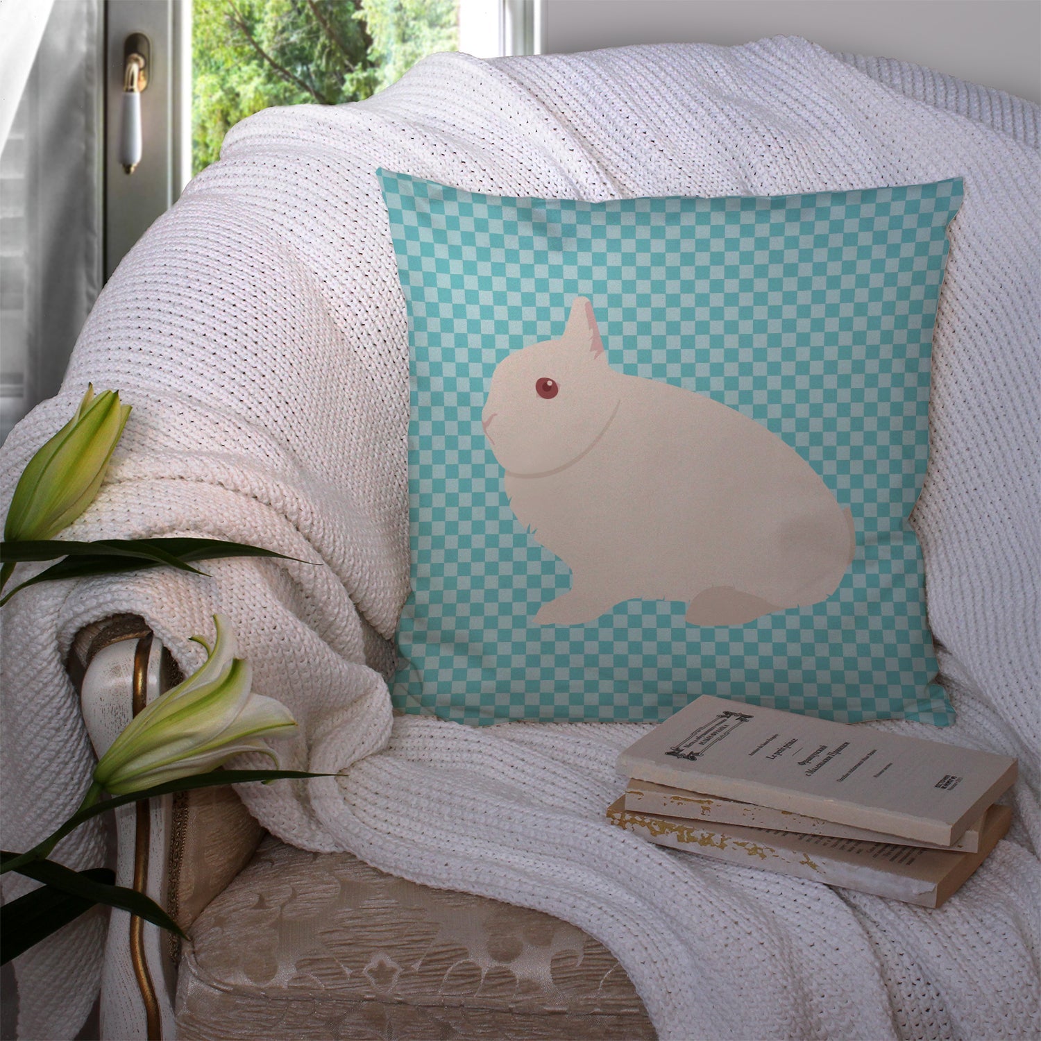 Hermelin Rabbit Blue Check Decorative Throw Pillow 14x14 Indoor Outdoor Accent Cushion, Fabric Cover with Insert for Sofa, Bed, Porch & Living Room