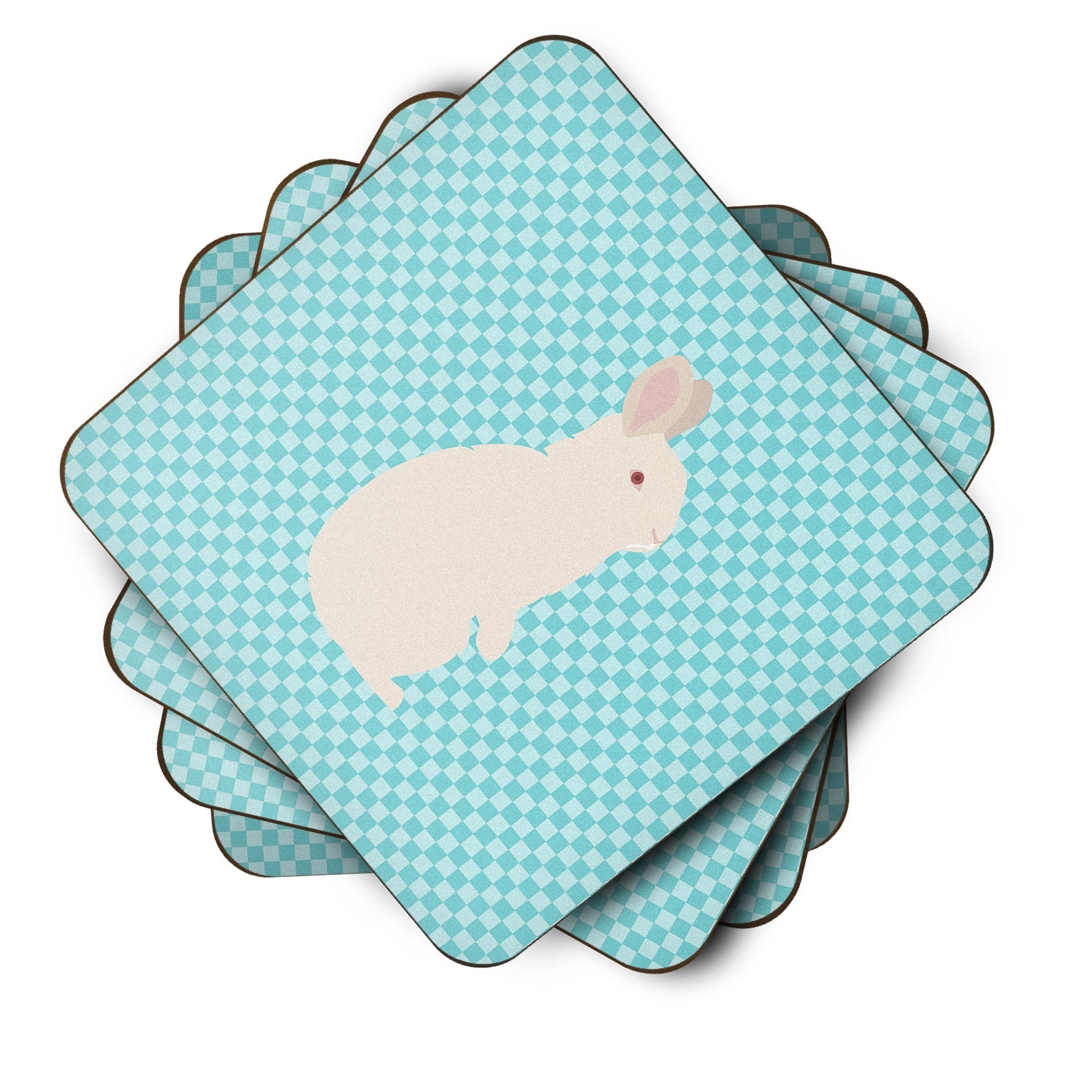 New Zealand White Rabbit Blue Check Foam Coasters Set of 4 Cup Coasters for Indoor Outdoor, Tabletop Protection, Anti Slip, Mouse pad Material